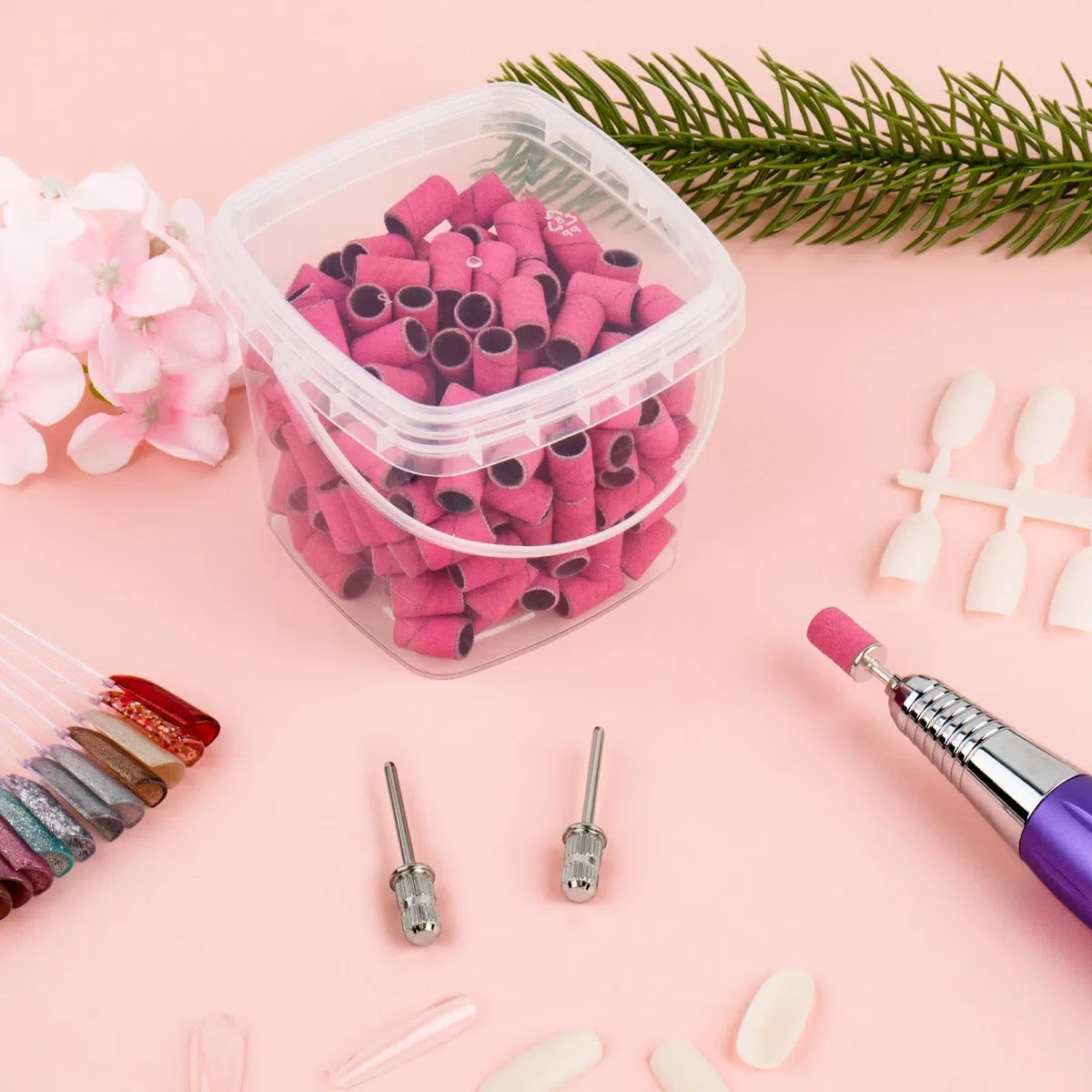 Bandas de lijado para taladro de uñas de grano 240, bandas de lijado de uñas extremadamente finas, 200 bandas de lijado profesionales rosas y 2 brocas de uñas para manicura y pedicura