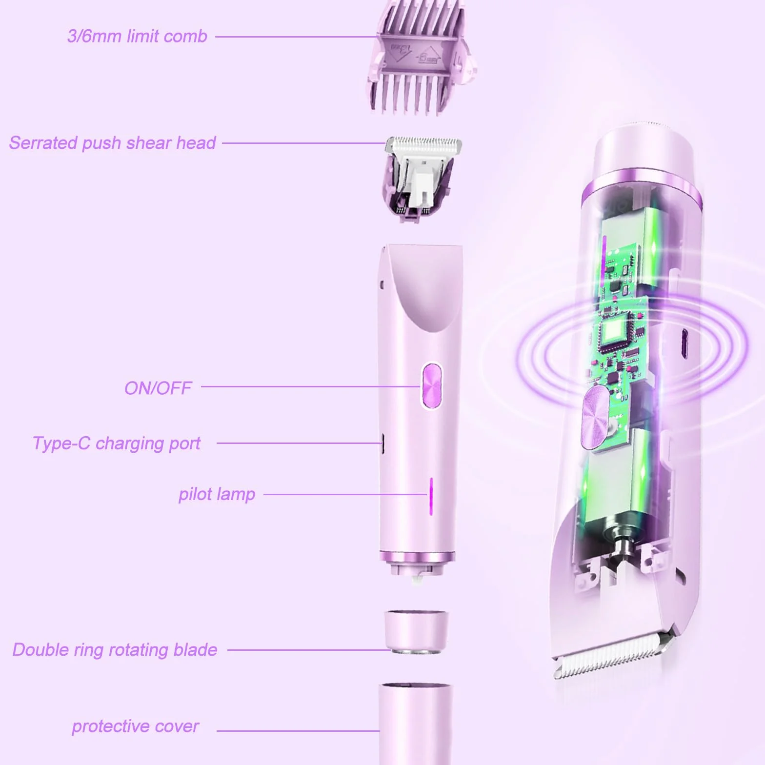 Afeitadora Mujer, 2 en 1 Rasuradora, Impermeable IPX7 Recortadora Mujer zona Intima, Impermeable, Recargable, para Cuerpo, Cara, Uso Húmedo y Seco(Morado)