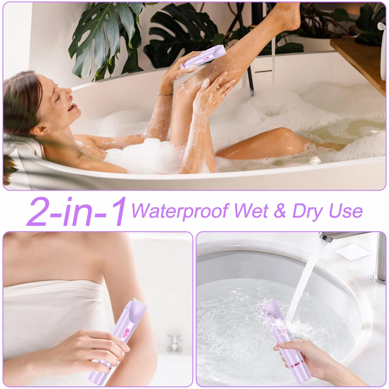 Afeitadora Mujer, 2 en 1 Rasuradora, Impermeable IPX7 Recortadora Mujer zona Intima, Impermeable, Recargable, para Cuerpo, Cara, Uso Húmedo y Seco(Morado)