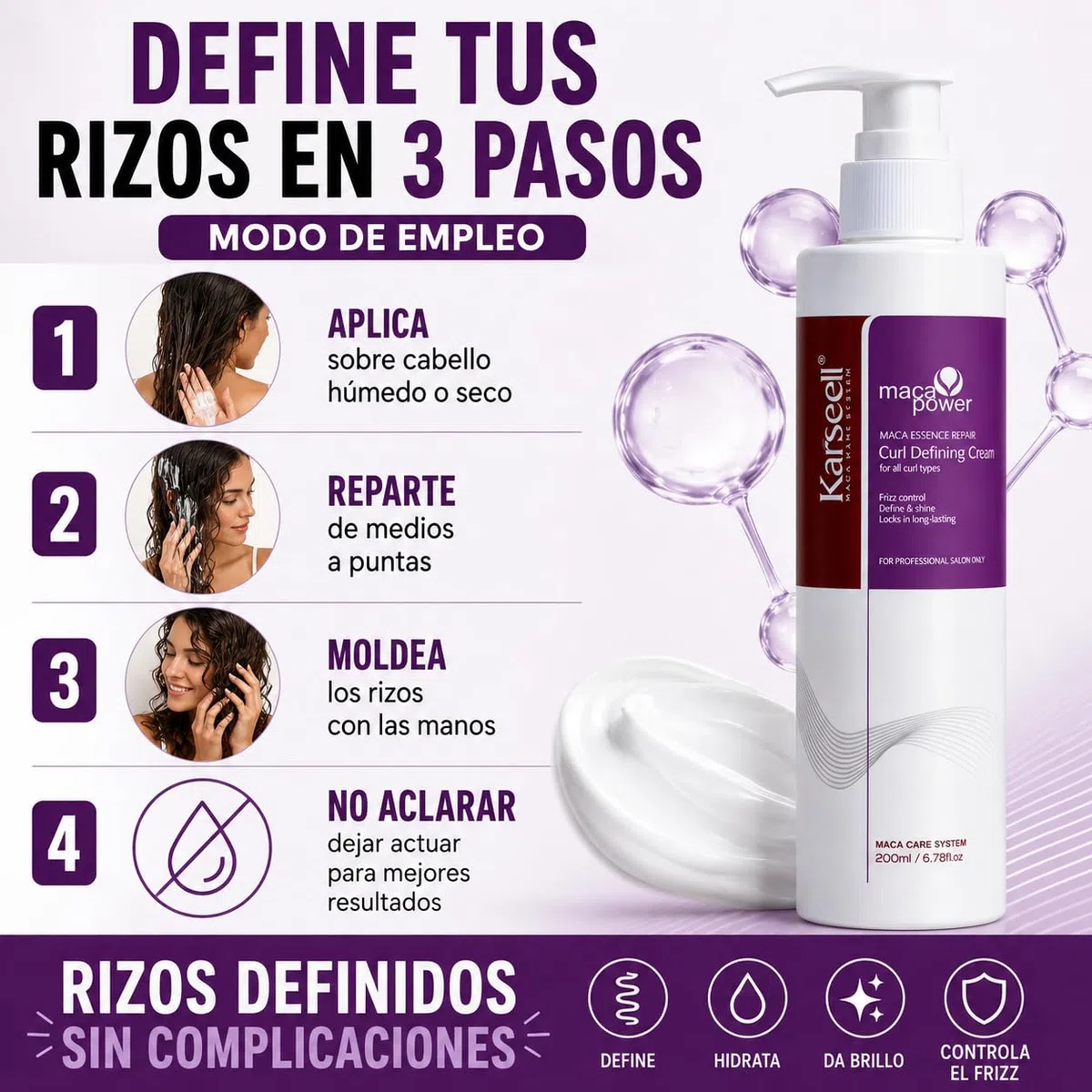 Karseell MACA CARE SYSTEM Crema Definidora de Rizos con Aceite de Argán Colágeno Coco Jojoba Hidratante Nutritiva Reparadora Antiencrespado Antifrizz Cabello Rizado Seco Dañado Brillo Suavidad 200ml
