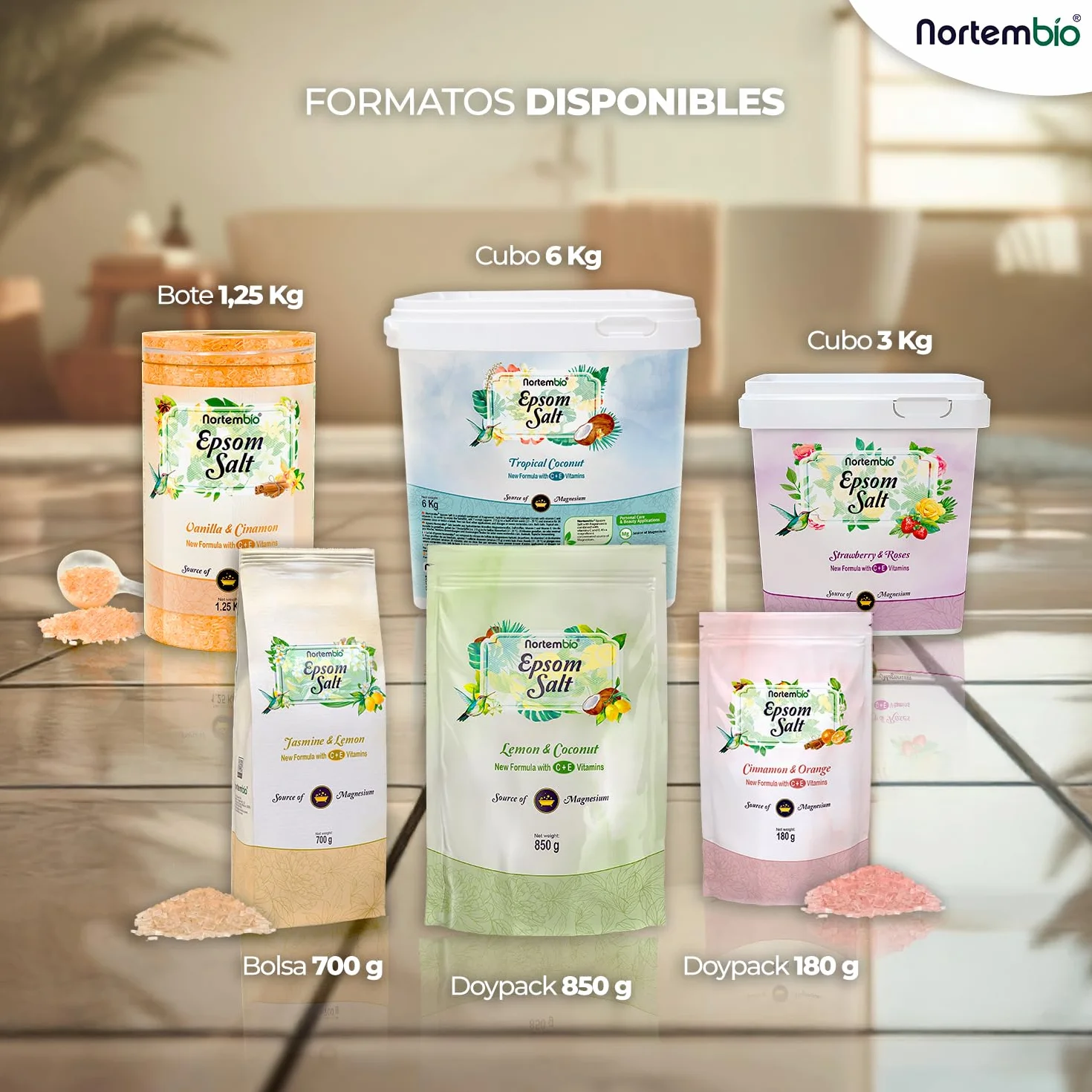 Nortembio Sales de Epsom con Fragancias 3 kg Sal de Magnesio Premium para Baño Relajante y Cuidado Muscular, Ideal para SPA en Casa + eBook de Regalo (Coco Tropical)