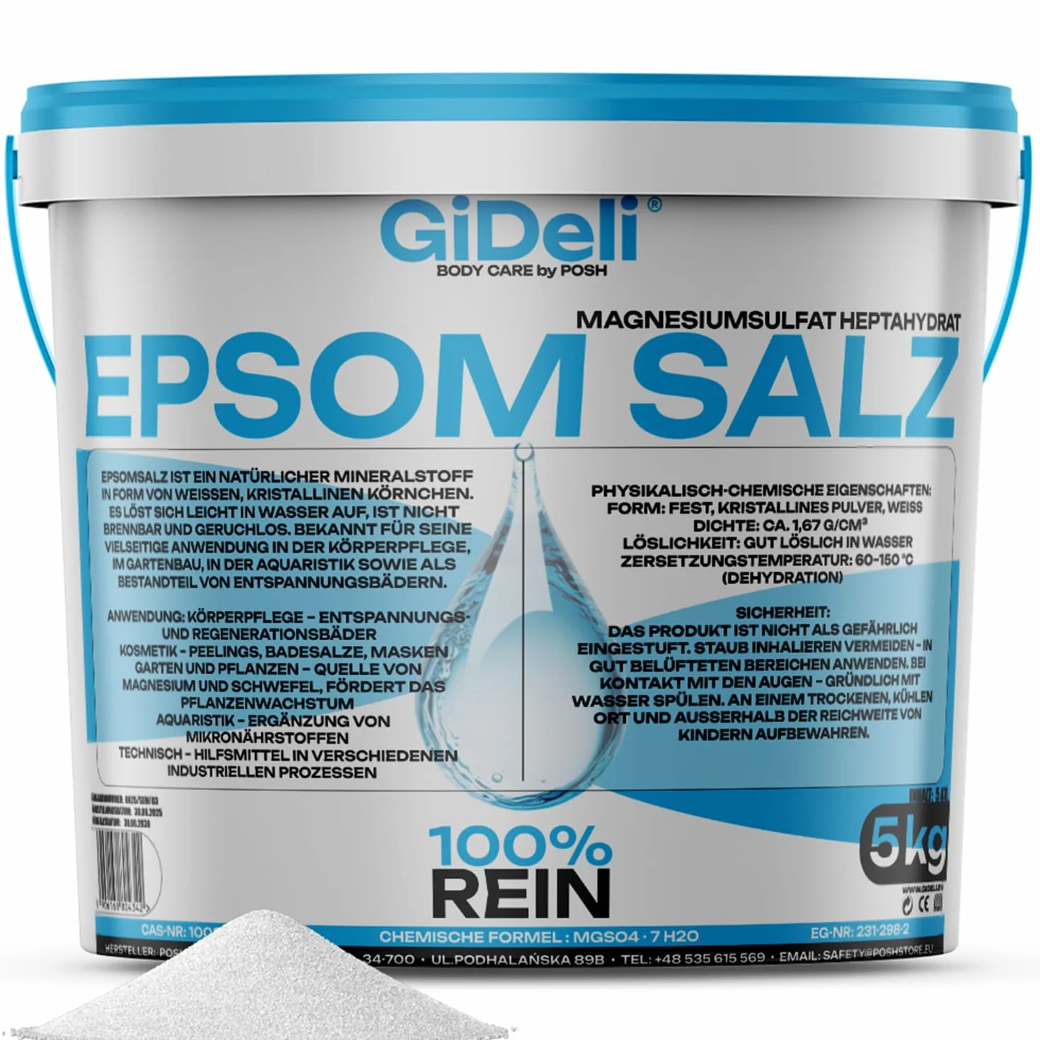 GiDeli Epsom Sal de baño de sulfato de magnesio de 5 kg de calidad farmacéutica en un cubo - 100 % puro sal natural - Baño de pies - Cuidado de la piel - Baño de relajación (5 kg)