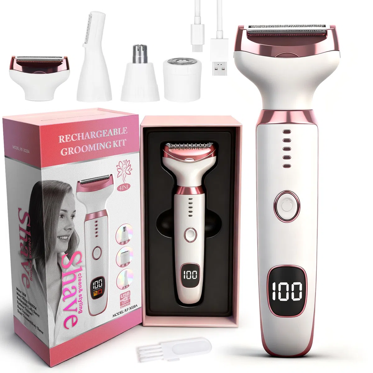 Afeitadora Eléctrica para Mujer con Pantalla LED, Afeitadora Femenina IPX7 Impermeable Uso Húmedo y Seco, Kit de Cuidado Eléctrico 4 en 1 Inalámbrico para Bikini, Rostro (Rosa)