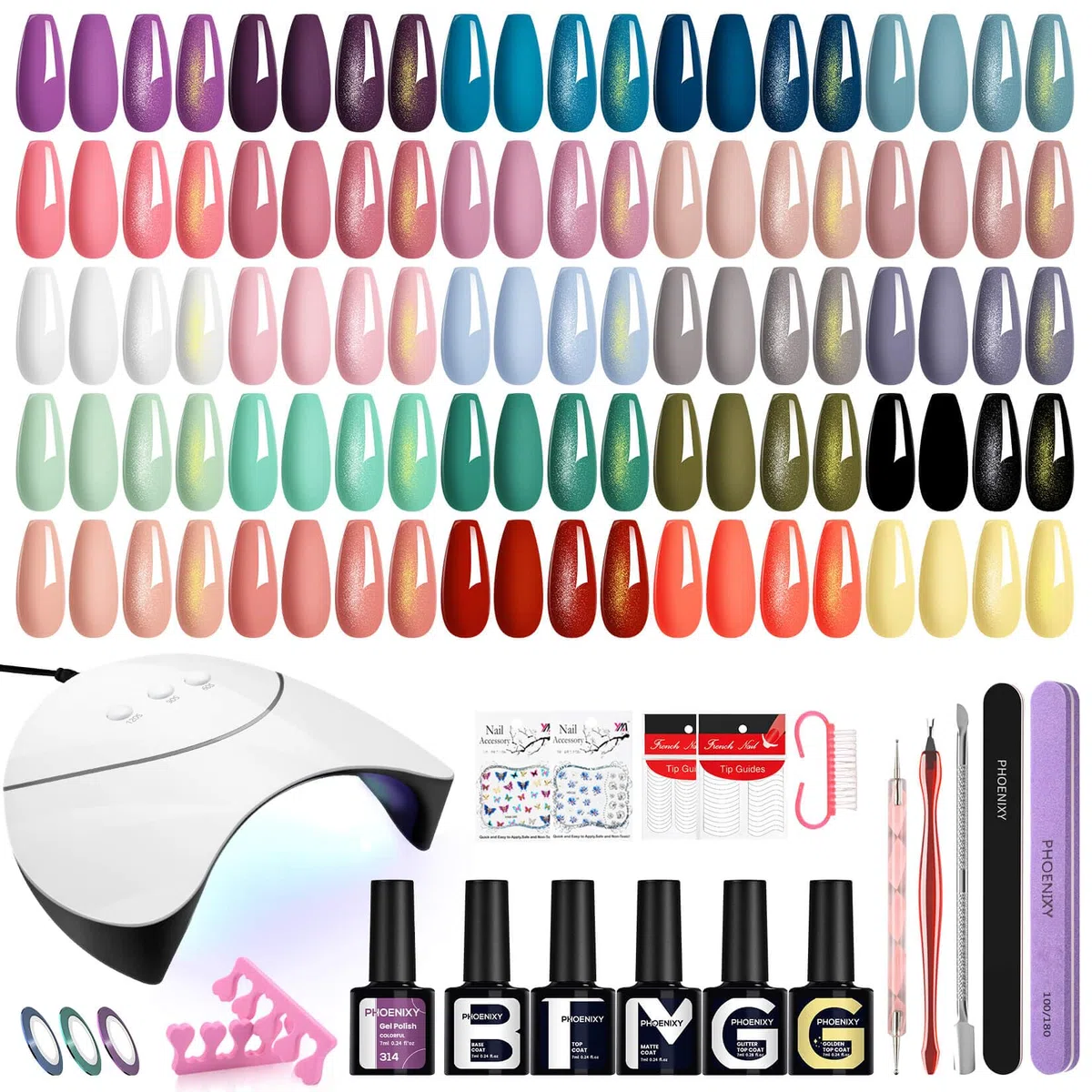 Phoenixy 25 Colores Uñas Semipermanentes Kit Completo con U V/LED Lámpara Kit Uñas Semipermanentes con Base y 4 Top Coat, Azul, Verde, Nail Art en Casa