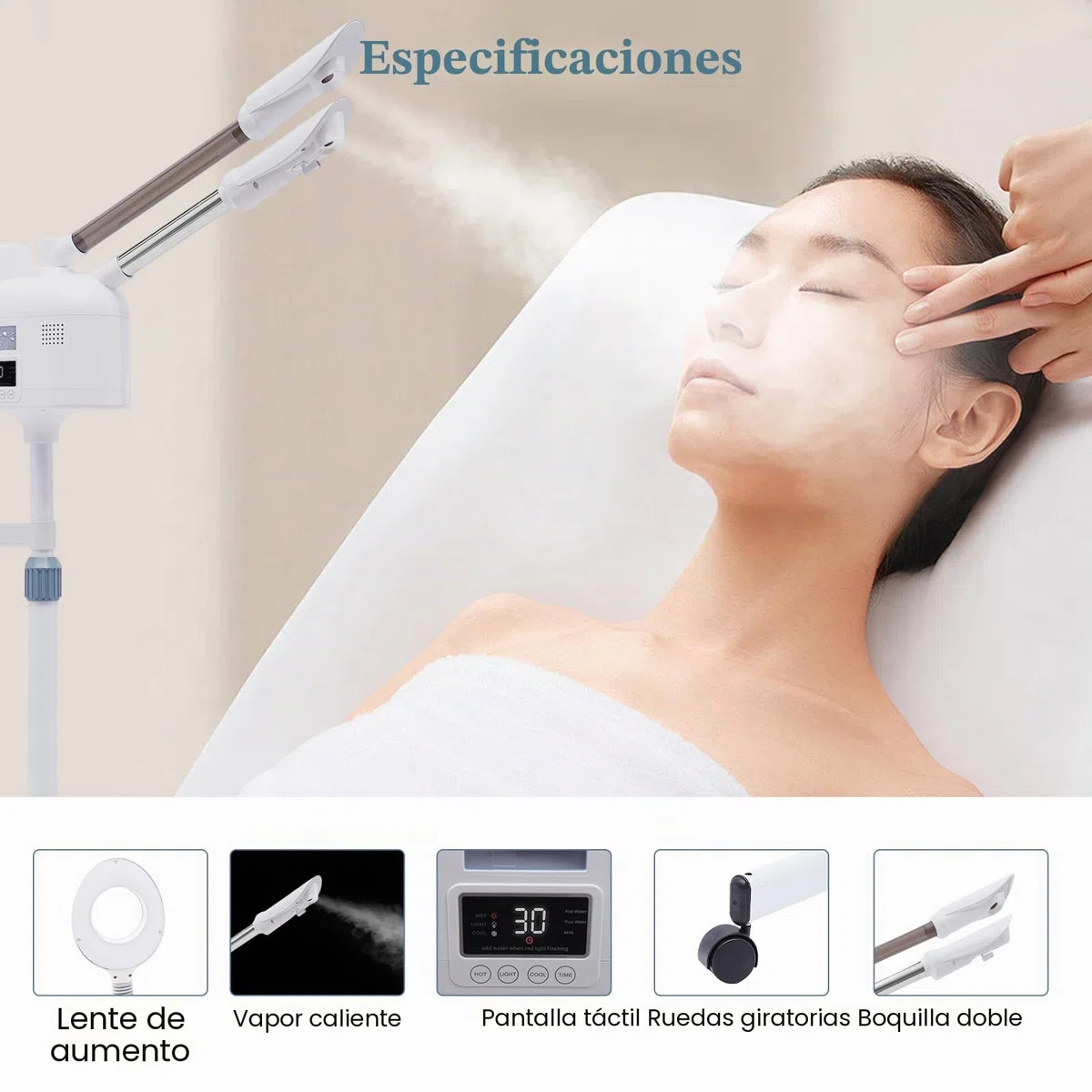 Vapozone Estética Profesional 3 en 1 Vapor Facial Cara Con Luz LED y Lupa Altura Ajustable Modo Caliente y Frío Boquilla Giratoria 360°, Para Salón de Belleza