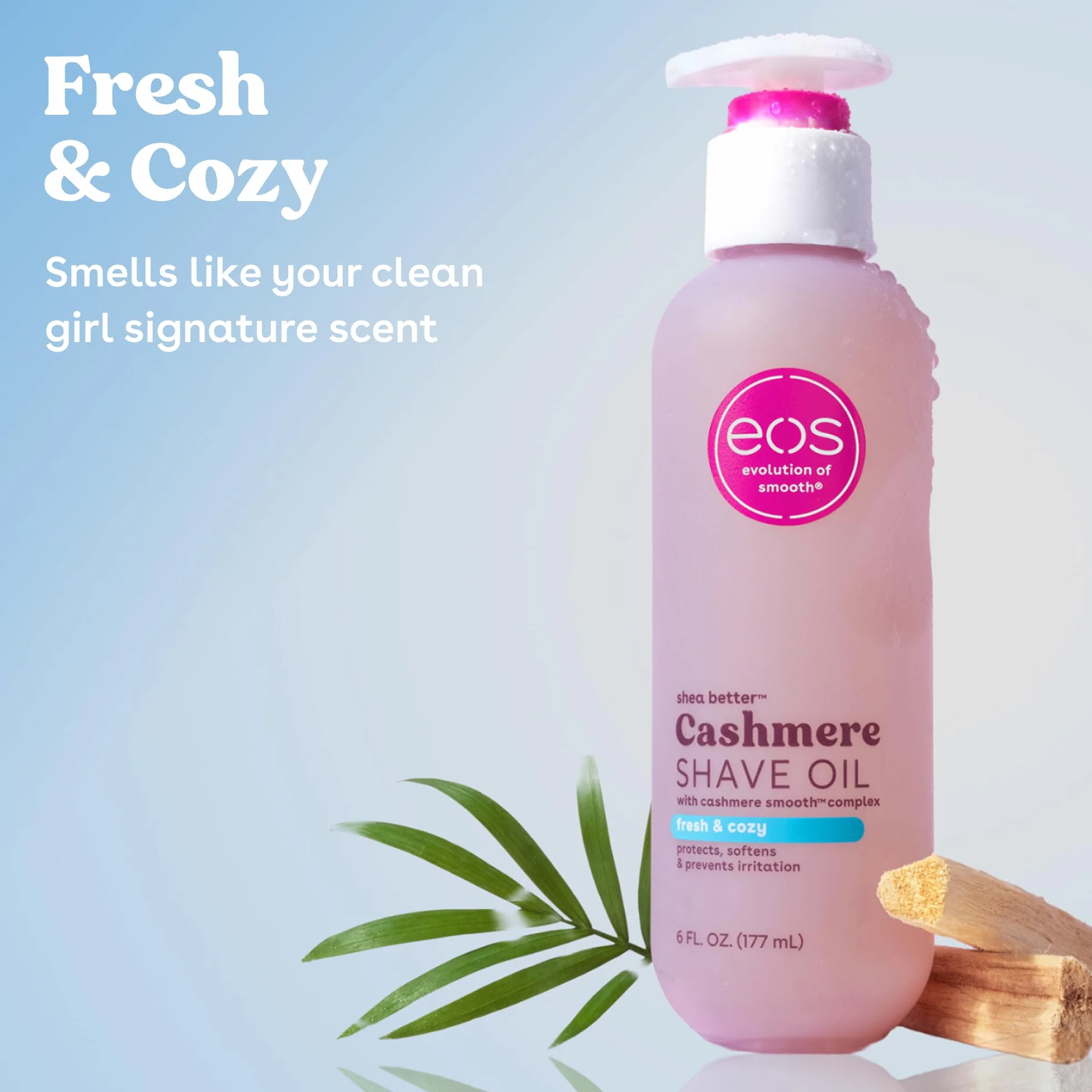 eos Aceite de afeitar Cashmere Shave Oil – Fresh & Cozy – Aceite de afeitar hidratante · Con manteca de karité y glicerina · Para pieles sensibles · 177 ml (6 fl oz)