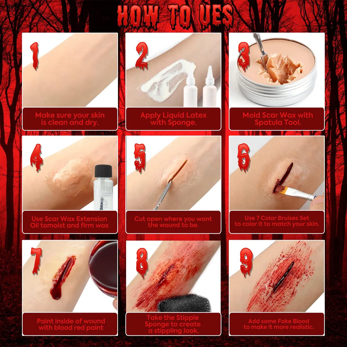 VIOLA HOUSE Maquillaje Halloween Profesional, SFX Maquillaje, Artificial Maquillaje, Halloween Makeup, Moretón Herida Cara Cuerpo Pintura+Cera Cicatriz+Látex Líquido+Sangre Falsa.