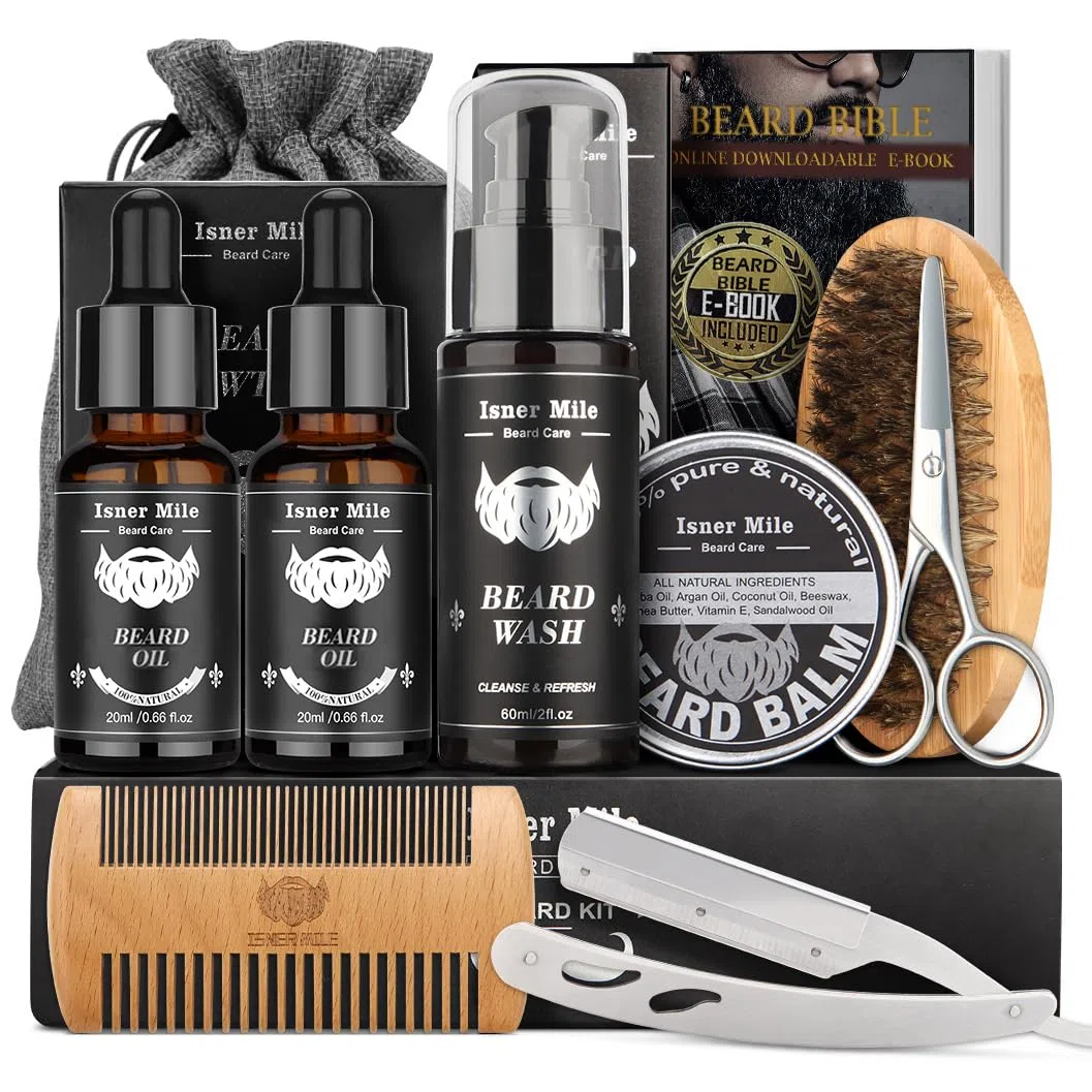 Kit Barba para Hombre, Kit Cuidado Barba Completo, Cumpleaños Navidad Set Regalos para Hombre Papá Novio con 40ML Aceites para Barba, Cepillo - Peine - Champú - Bálsamo Barba y Navaja de Afeitar