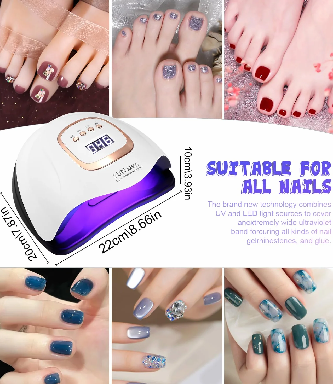 Zawaer Lámpara UV para uñas de gel, lámpara LED de 380 W, para esmalte de gel, con pantalla digital, sensor automático, 4 ajustes de temporizador, 81 perlas de lámpara, secador de uñas para salón y
