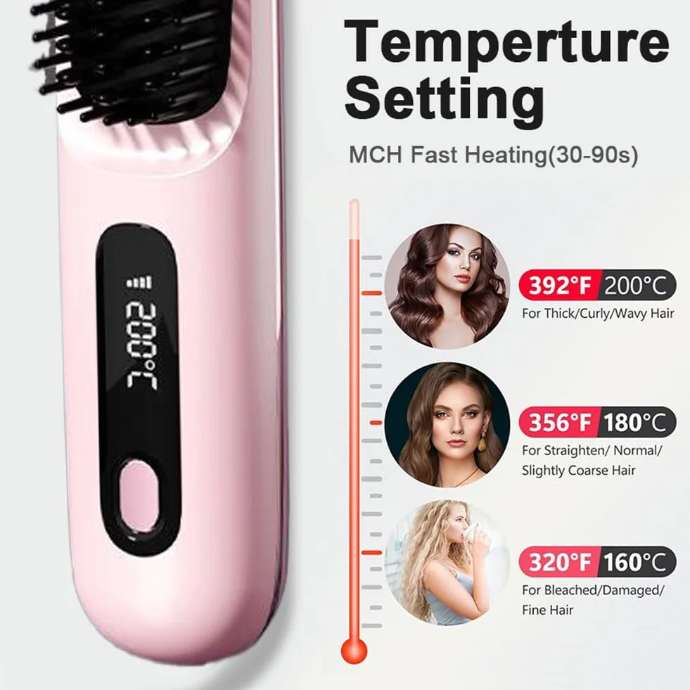 Cepillo eléctrico para el cabello, cepillo alisador inalámbrico, recargable, cepillo calefactor inalámbrico para mujeres y hombres, con pantalla LED, 3 niveles de temperatura, para alisar y rizar