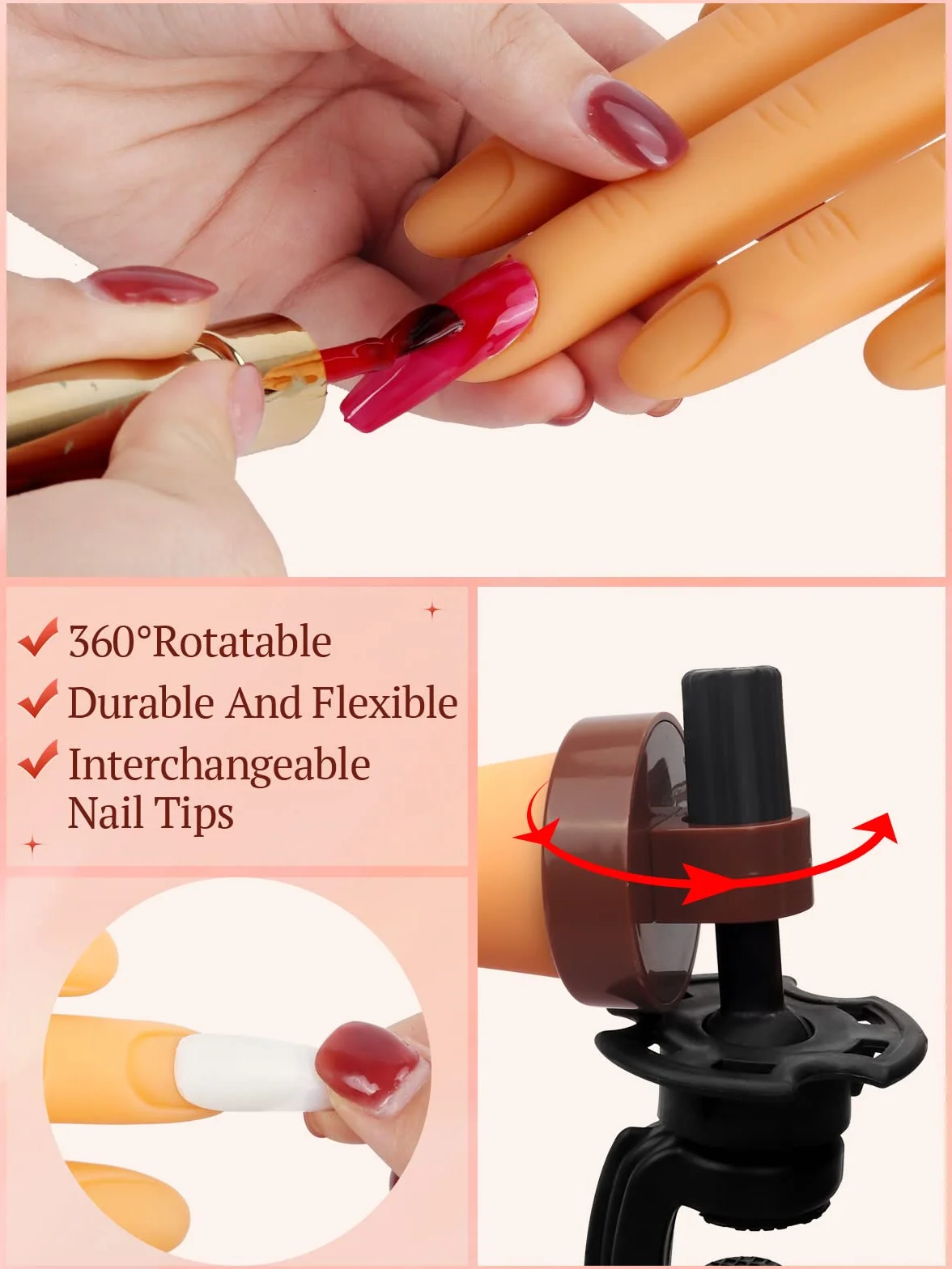 LIONVISON Mano para Practicar Uñas acrílicas, Manicura Flexible Mano de Practicas de Uñas y 200 Piezas de Uñas Acrilicas para Uñas Manicural