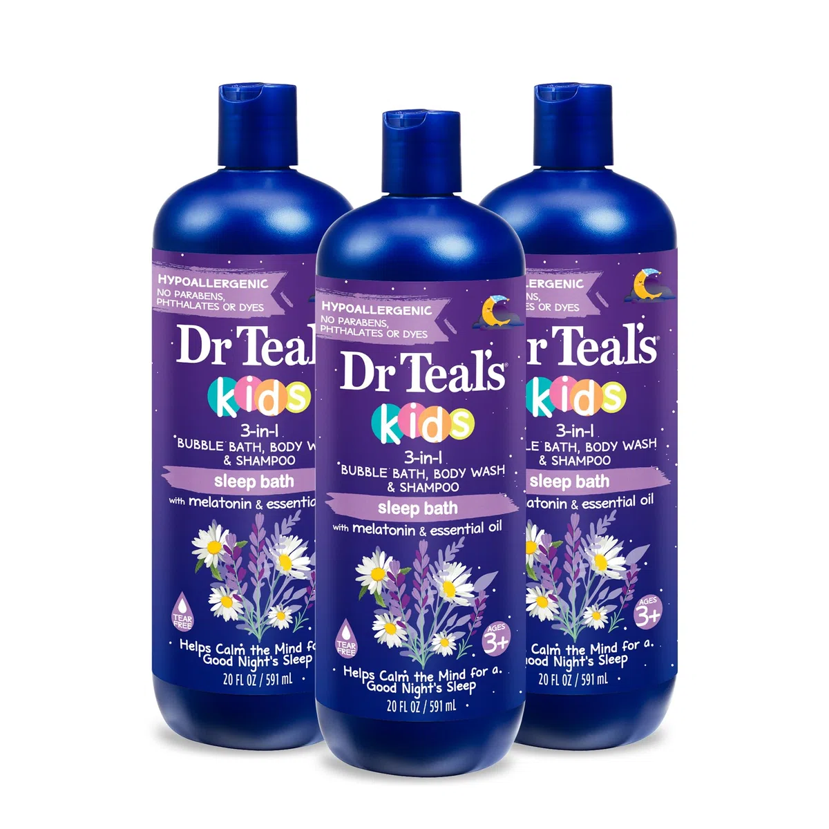 Dr Teal's Kids 3 en 1 Bubble Bath, Body Wash & Champú, Sleep Blend with Melatonin, Lavender & Chamomile Essential Oil, 20 fl (paquete de 3)