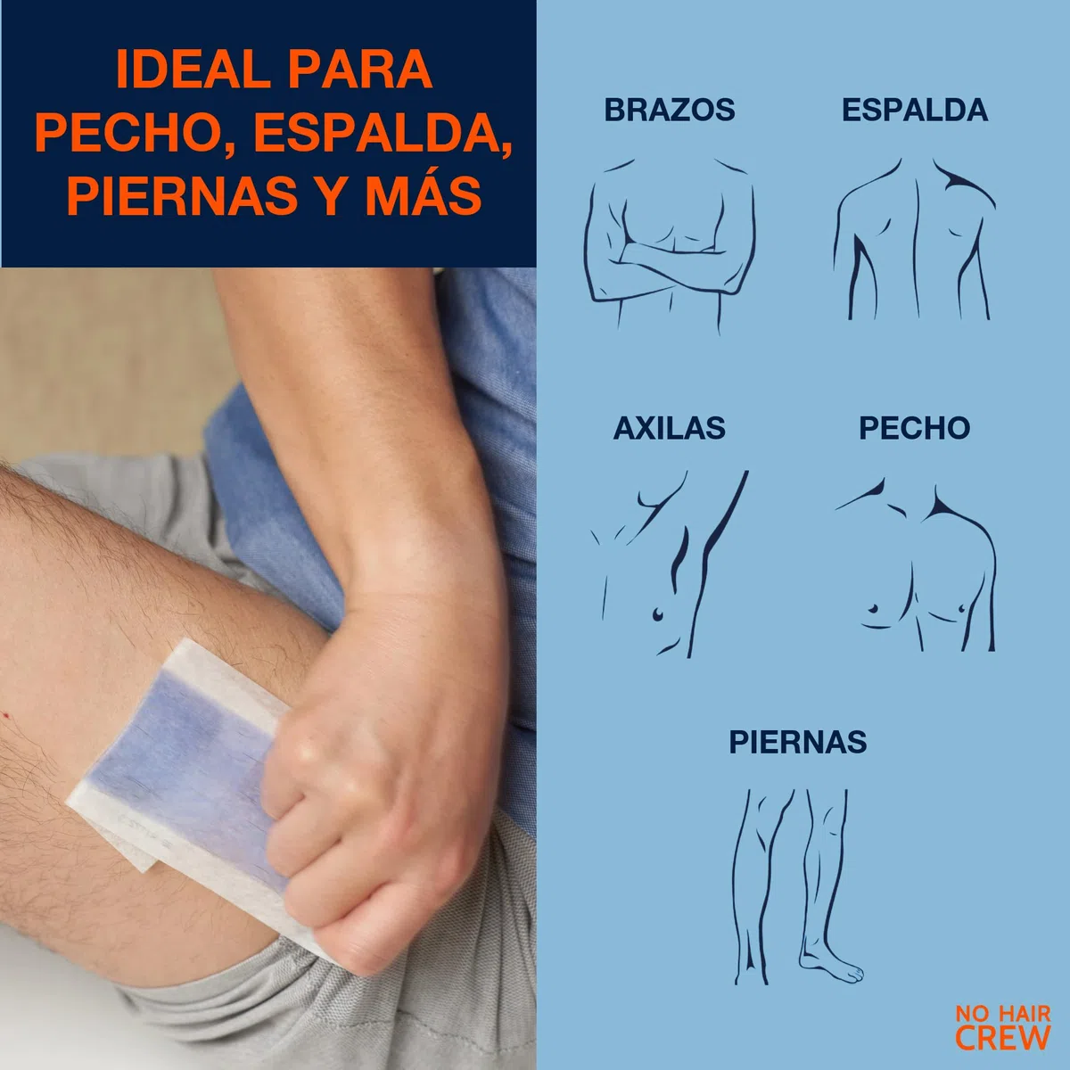 NO HAIR CREW 3x20 Bandas Depilatorias Hombre – Hasta 3 Semanas Sin Vello | Para pecho, espalda, brazos y piernas. Elimina el vello de raíz para una piel suave y un crecimiento más suave.
