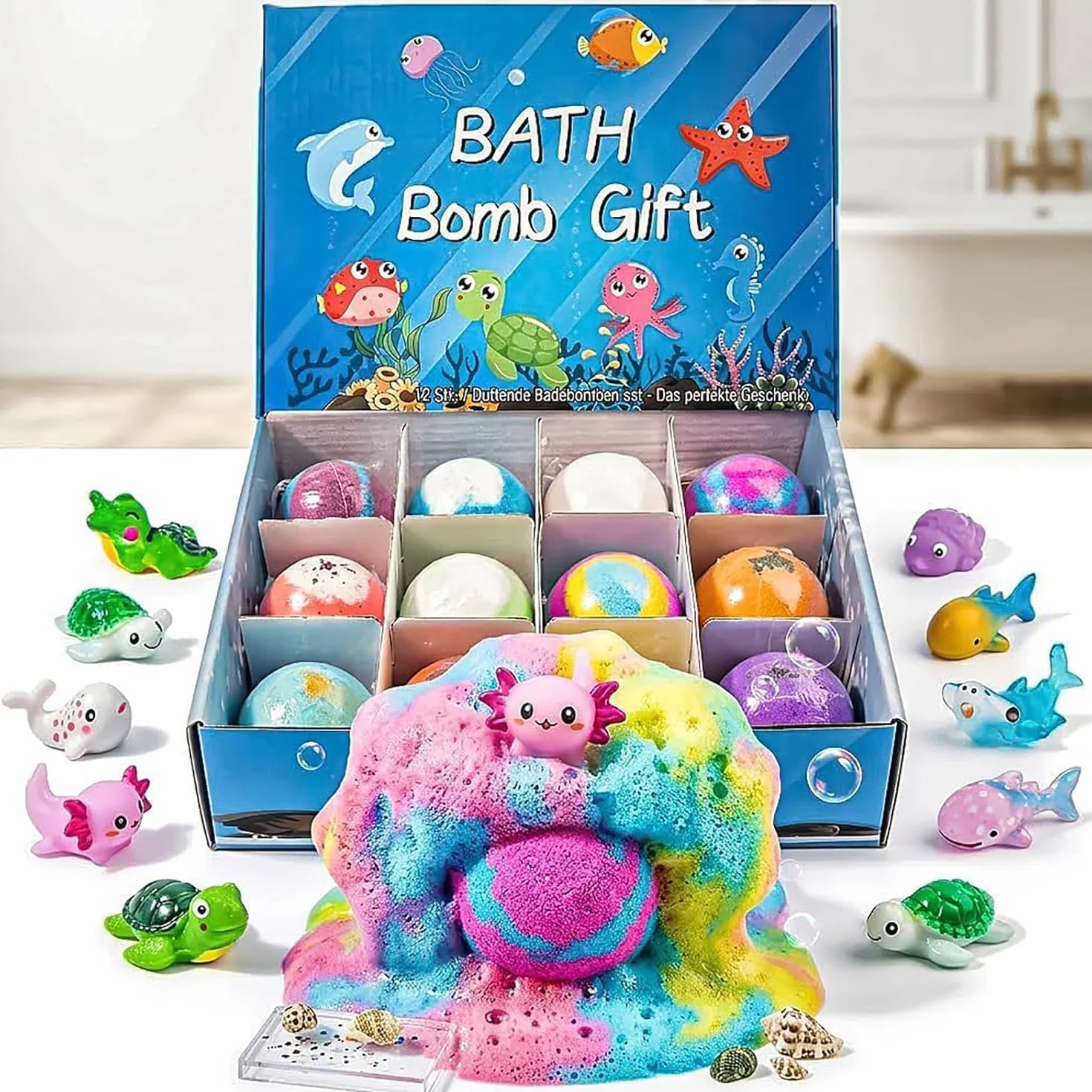 STOAT Bombas de Baño Niños con Sorpresa, 12Pcs Caja Regalo con Juguetes, Naturales Bio, Espuma Baño Suave para Niños y Niñas