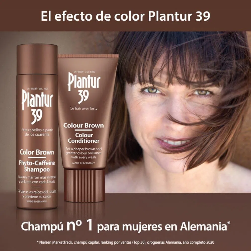 Champú de fitocafeína Plantur 39 color castaño, 250 ml + acondicionador, 150 ml – para un castaño profundo, contra la pérdida de cabello por la menopausia