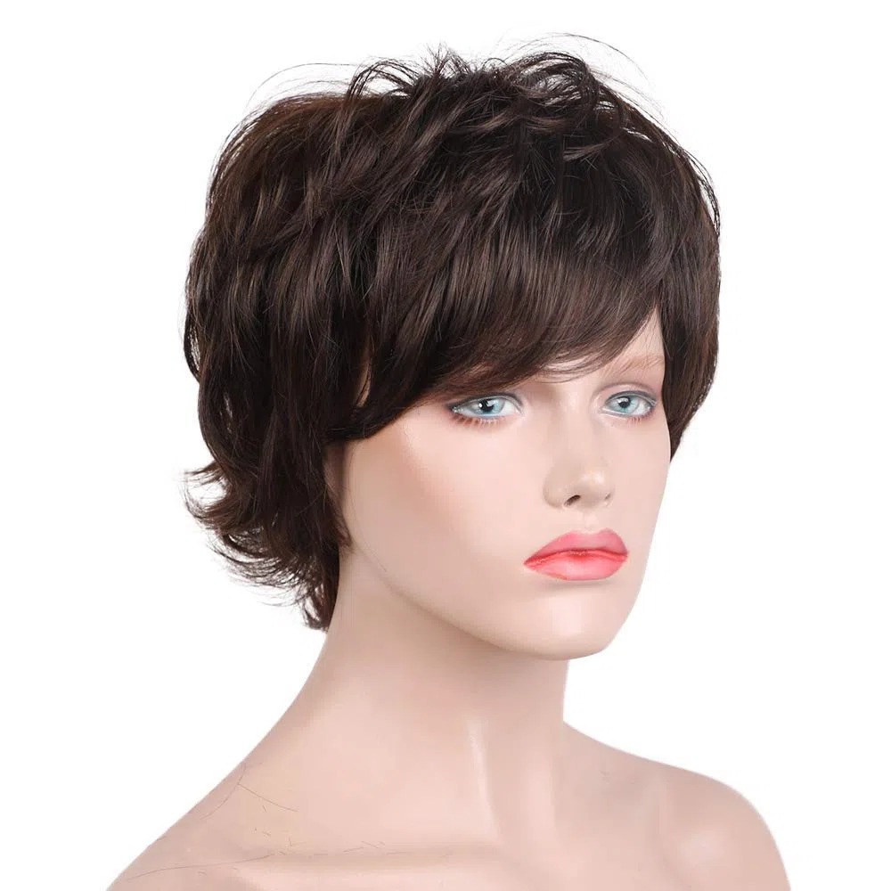 HAIRCUBE pelucas de pelo corto para mujeres con flequillo peluca de cabello humano natural Castaño