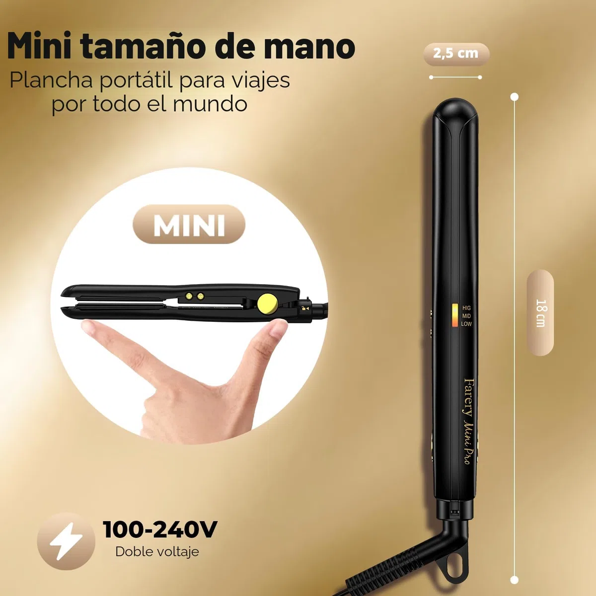Plancha para Cabello Mini Farery, Ideal para Cabello Corto, con Ajustes de Calor Variables, de Cerámica Turmalina y Doble Voltaje. Plancha Mini con Bolsa, Apagado Automático, Negro.