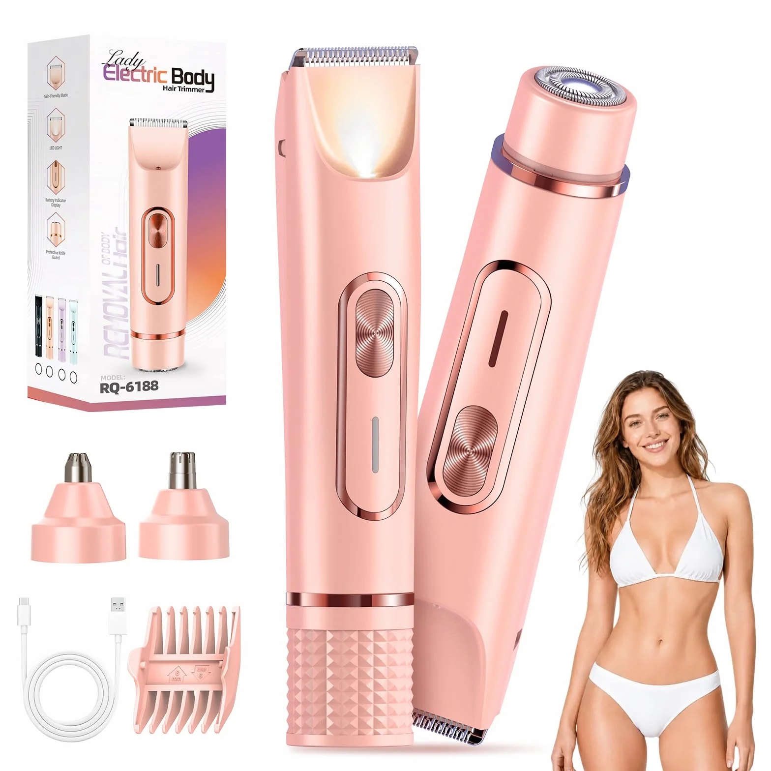 JTF Depiladora Eléctrica para Mujer 4 en 1, Afeitadora de Doble Cabeza IPX7 Impermeable para Bikini, Axilas, Facial, Nariz y Cejas – Afeitadora Mujer Zona Intima Uso Húmedo y Seco (Rosa)