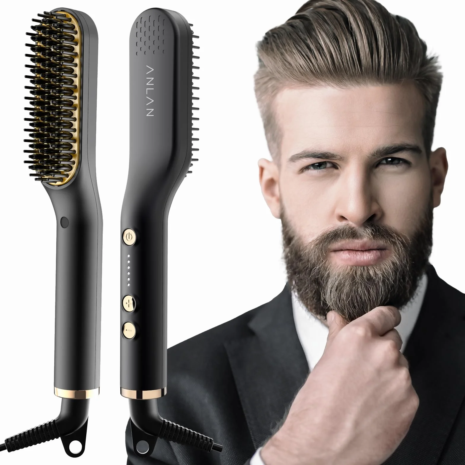 ANLAN Cepillo Alisador de Barba con 5 Niveles de Temperatura, Plancha de Pelo Flequillo Eléctrico Profesional Peine de Peluquería Multifuncional para Hombre Mujer