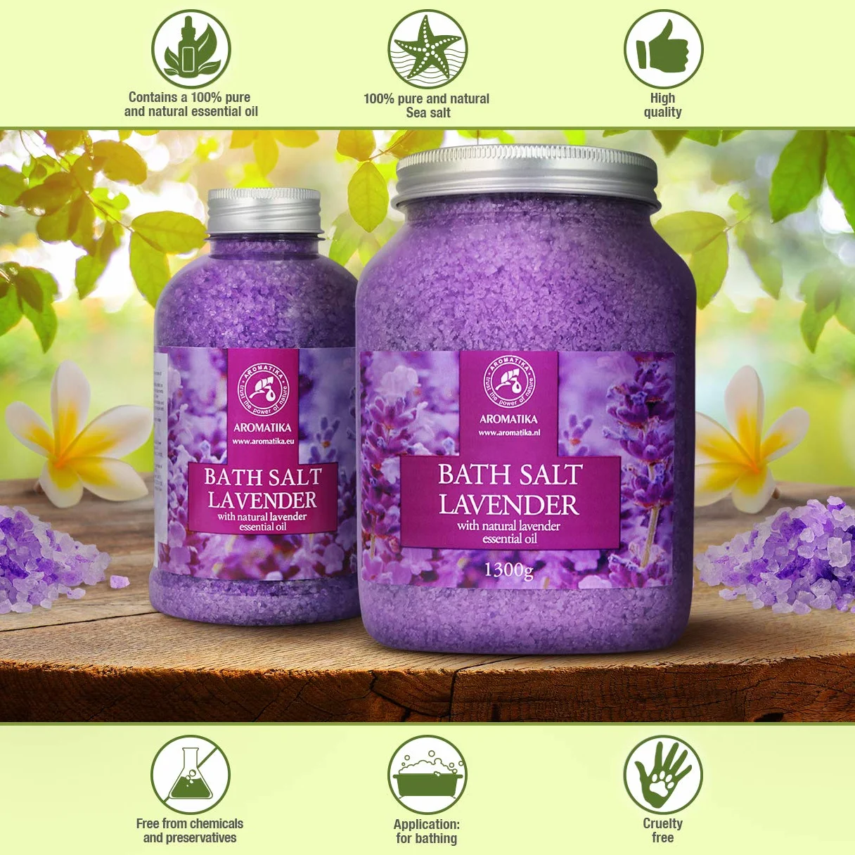 Sales de Baño Lavanda 1300g - Sales Marinas de Baño con 100% Natural Aceite Esenciale de Lavanda son Buenas para Dormir - Reducción de Estrés - Baños - Cuidado Corporal - Relajación - Aromaterapia
