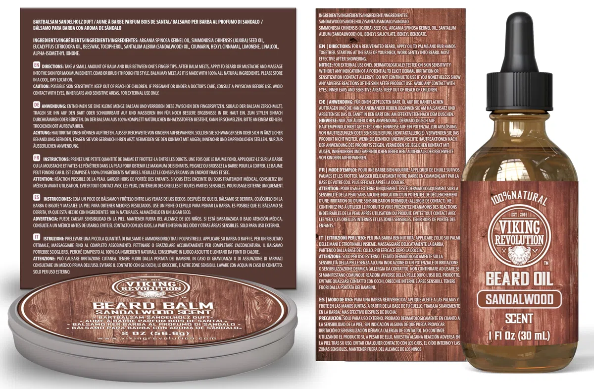 Viking Revolution Kit de Barba y Bigote Para Hombre - Juego Champú, Cepillo Cerdas de Jabalí, Peine de Madera, Bálsamo de Sándalo, Aceite, Tijeras