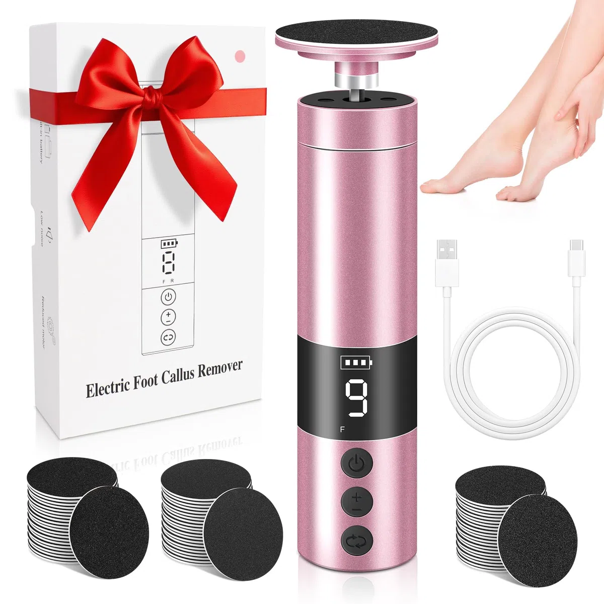 Lima Eléctrica para Pies Recargable 9 Velocidades - Kit de Pedicura Profesional con Piedras de Pulir Reemplazables para Talones Agrietados, Eliminar Callos, Durezas y Piel Muerta (Rosa)