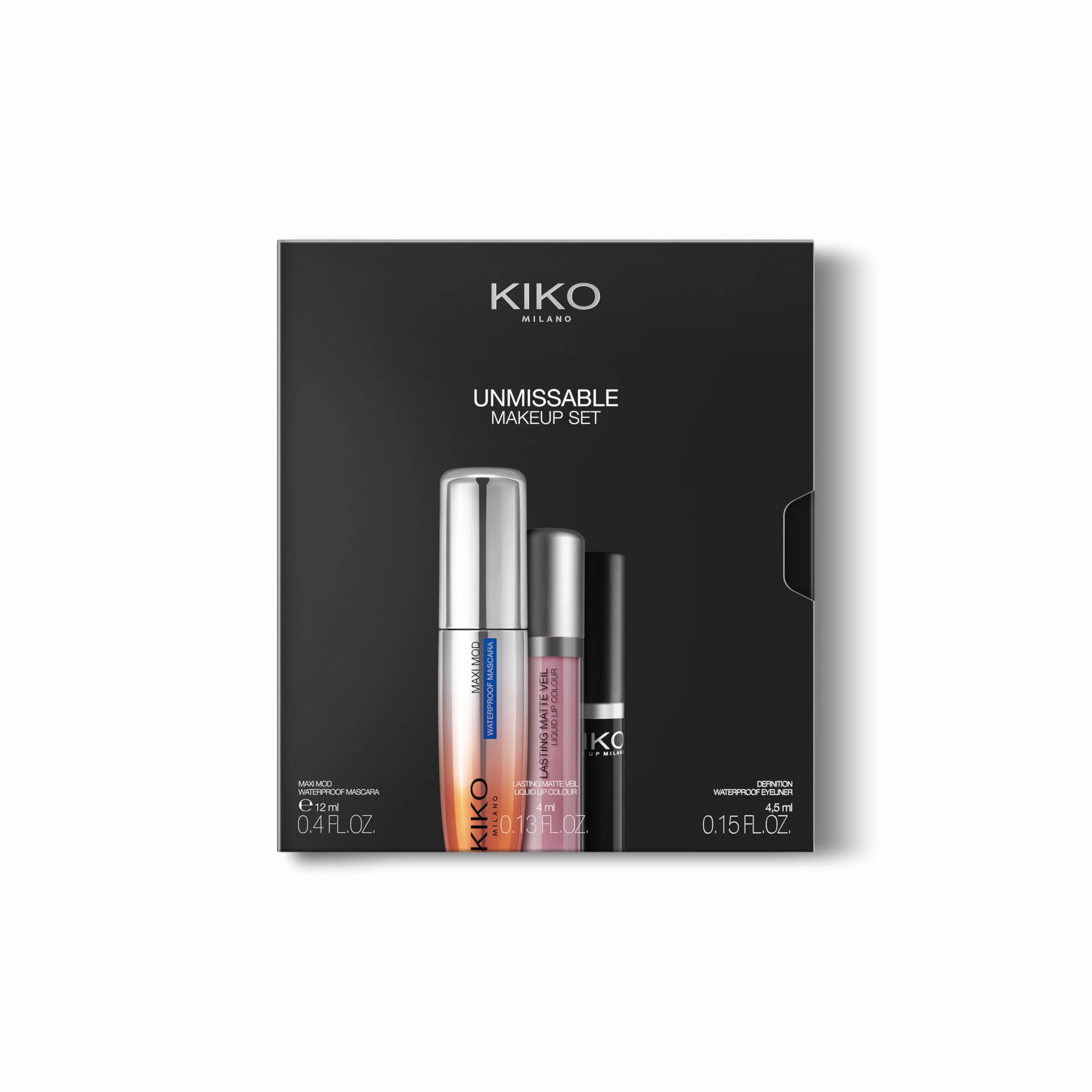 KIKO Milano Unmissable Makeup Set, Kit De Maquillaje: Máscara De Pestañas Y Delineador De Ojos Resistentes Al Agua, Labial Líquido Mate