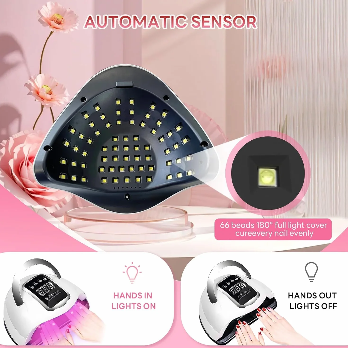 Lámpara de uñas LED UV de 280 W, secador de uñas para esmalte de gel, con 66 perlas de lámpara y sensor automático, 4 temporizadores, herramientas profesionales para decoración de uñas