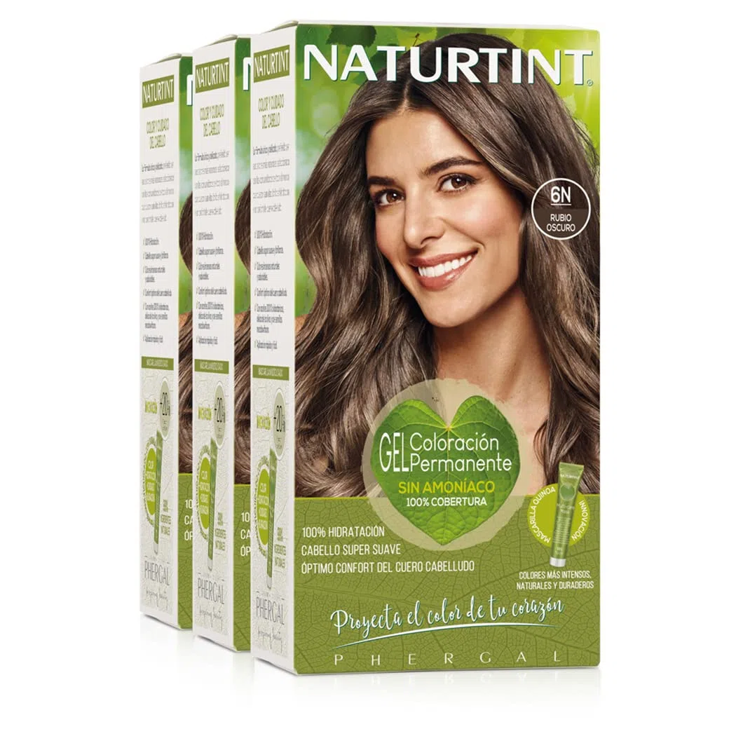 Naturtint Biobased | Coloración sin amoniaco | 100% cobertura de canas | Ingredientes vegetales | Color natural y duradero | 6N Rubio Oscuro | Pack de 3