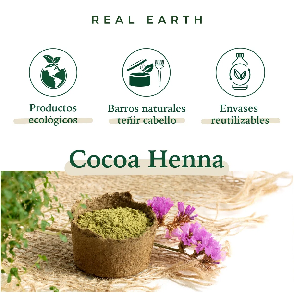 Real Earth - Cocoa Henna - Tinte de Henna - 100% orgánica y natural - Barros para teñir el pelo - Cabellos castaño medio - Coloración Natural - Cosmética ayurvédica - Vegana - Sin amoniacos - 250gr