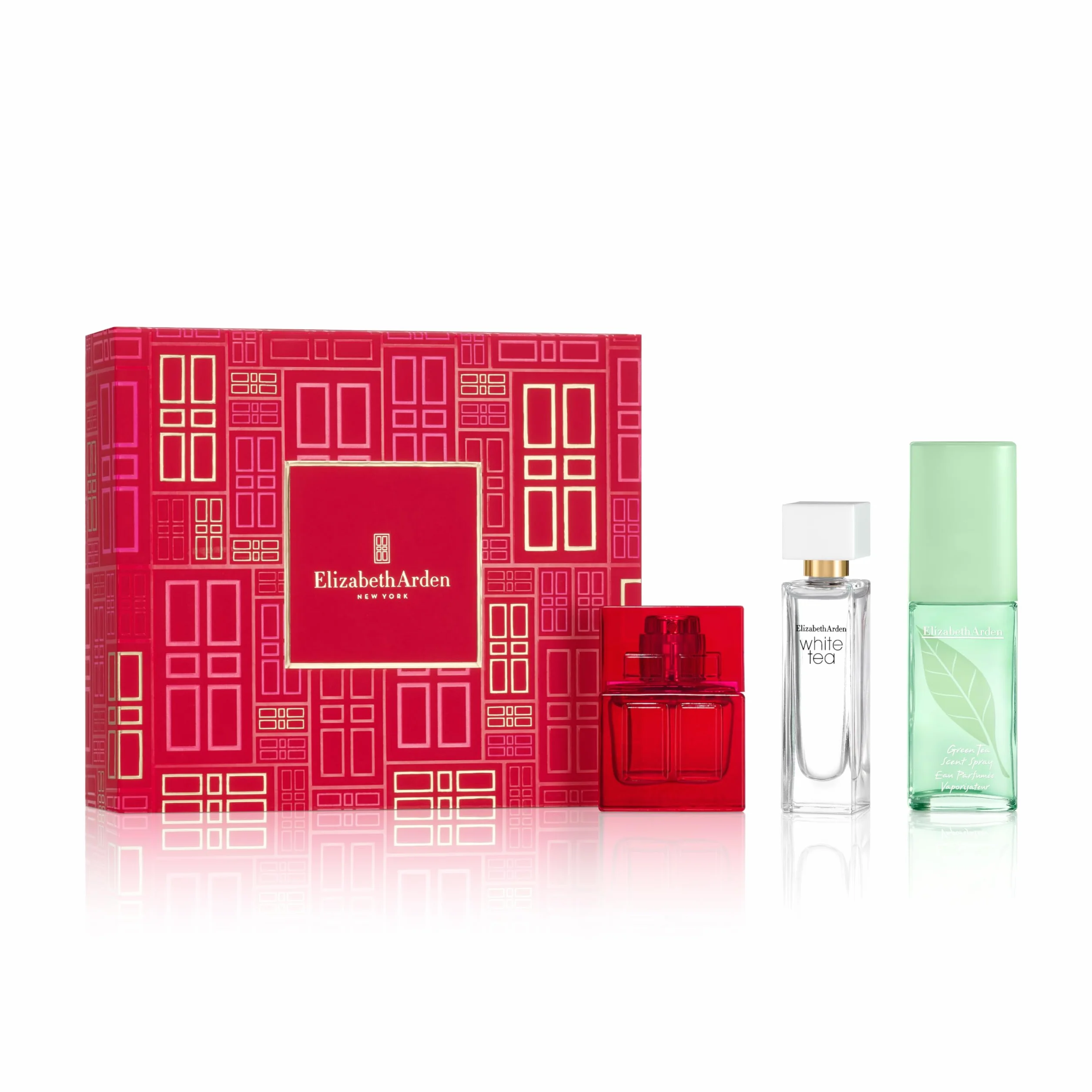 Elizabeth Arden Prestige Fragrance Coffret - Juego de regalo de 3 piezas, puerta roja, té verde, té blanco, fragancia de lujo para mujer