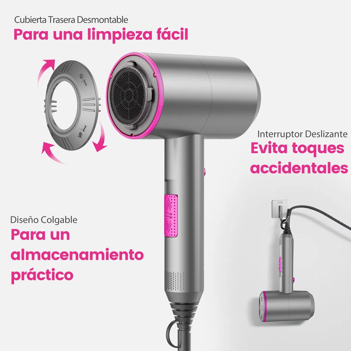 Secador Pelo Ionico, Secadores de Pelo iones Profesional Hair Dryer Motor AC Motor Rápido, 3 Temperaturas, 2 Velocidades, Difusor y Concentrador (Gris Mate)