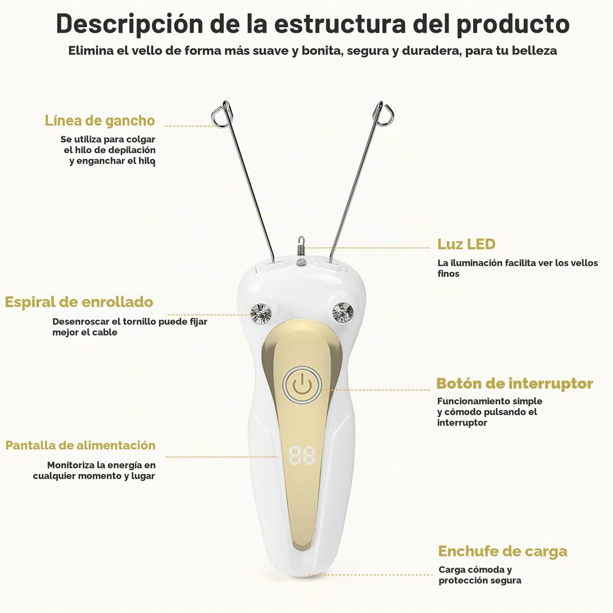 Depiladora eléctrica para mujer depiladora de rosca eléctrica depiladora facial para mujeres enhebrador físico depiladora para mujer depiladora facial para brazos y piernas (dorado)