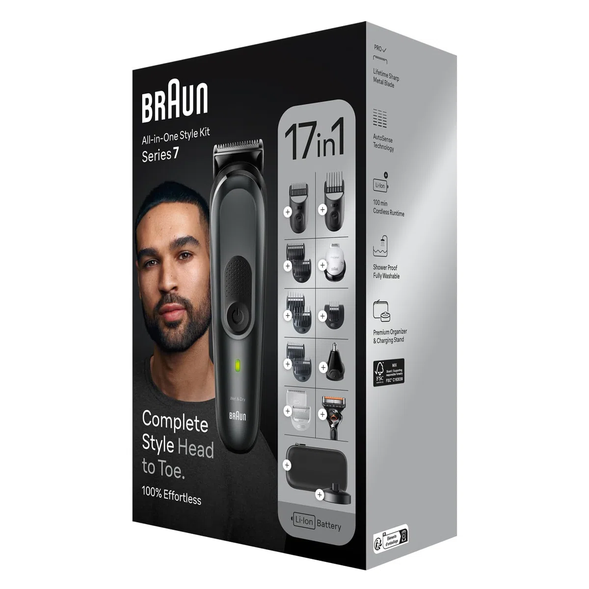 Braun MGK7491 - Kit de estilo 17 en 1 para barba, cuerpo, cabello con ProBlade, autonomía de 100 min, organizador, color gris