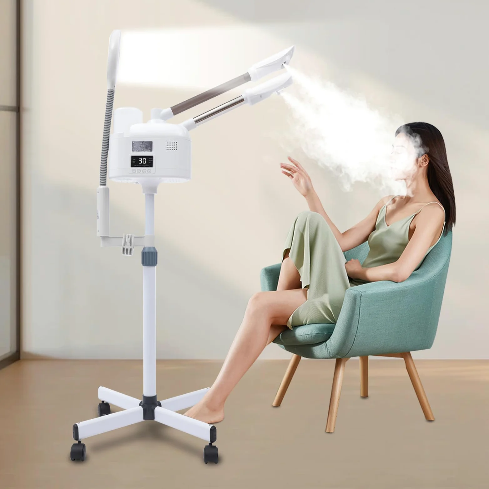 Vapozone Estética Profesional 3 en 1 Vapor Facial Cara Con Luz LED y Lupa Altura Ajustable Modo Caliente y Frío Boquilla Giratoria 360°, Para Salón de Belleza
