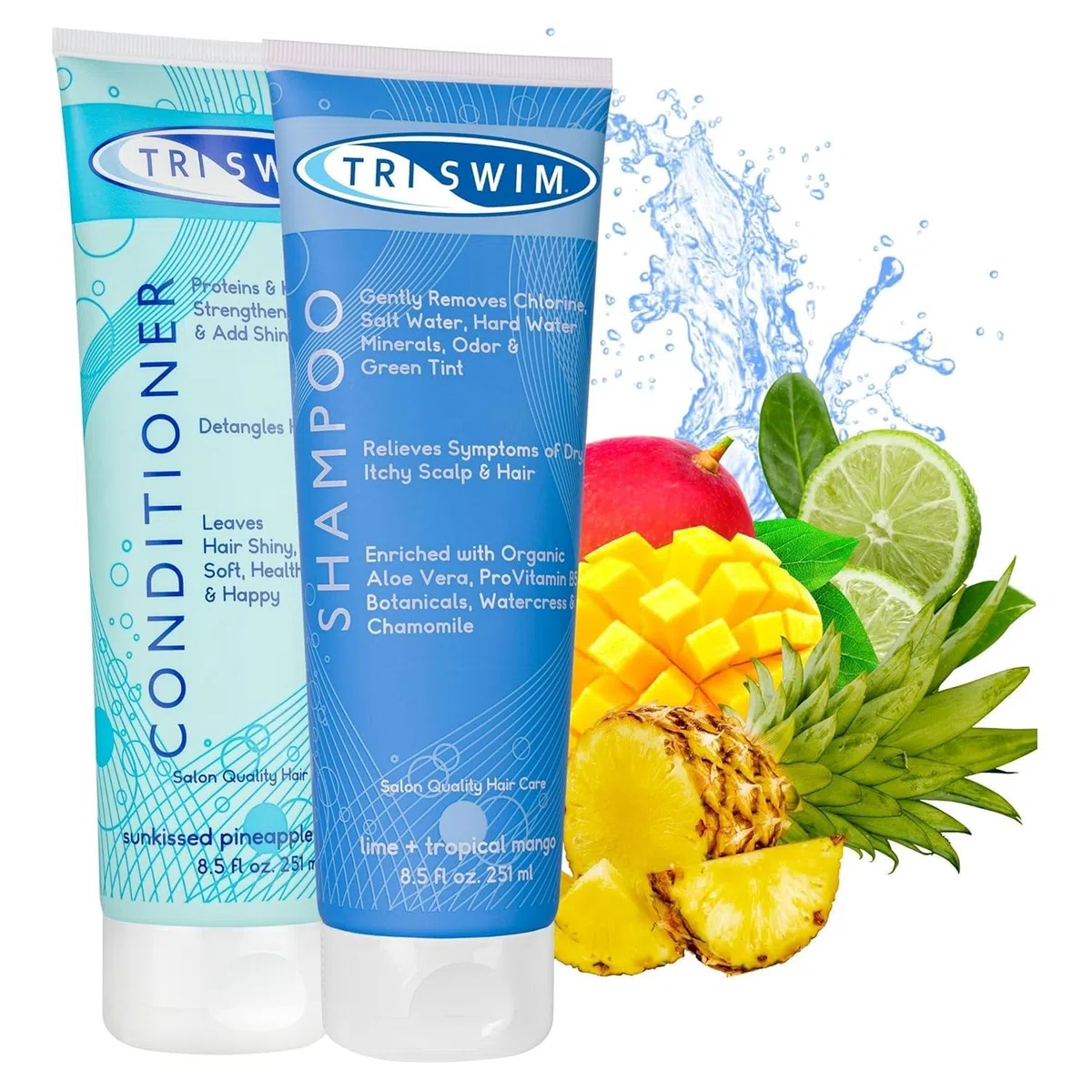 TRISWIM - Lote de champú y acondicionador para después de nadar, tratamiento capilar anticloro para nadadores, elimina el tinte verde, vegano y libre de crueldad animal (251+250 ml)