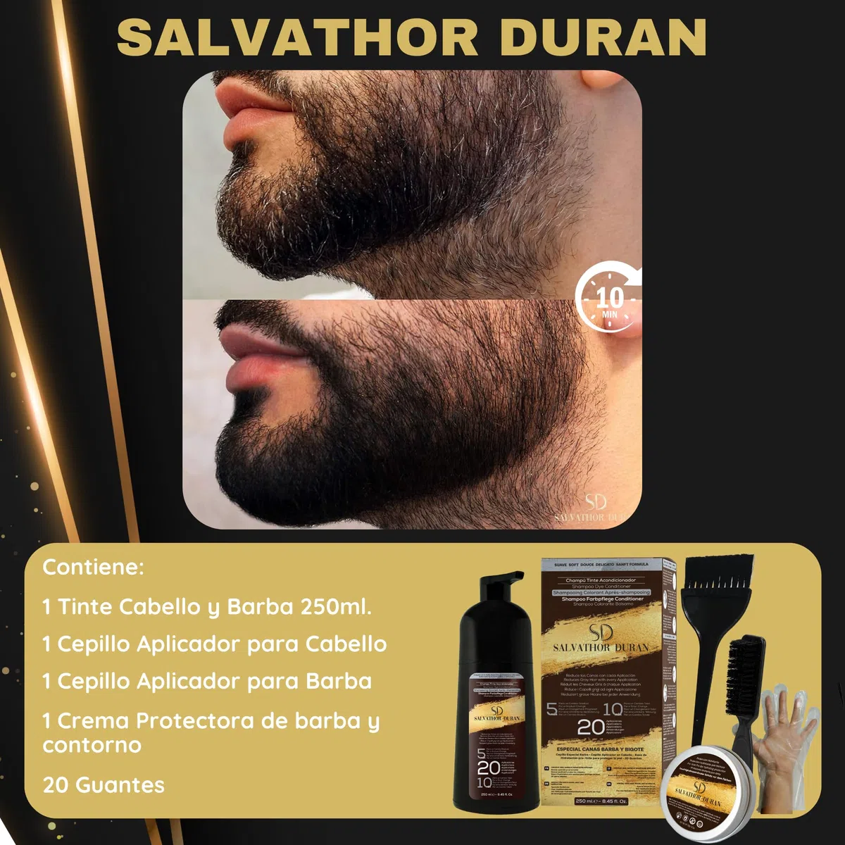 Tinte Barba Hombre - Tinte Barba - Champu Anticanas Hombre - 20 Aplicaciones - Con Protector de Barba - Salvathor Duran - 250 ml.