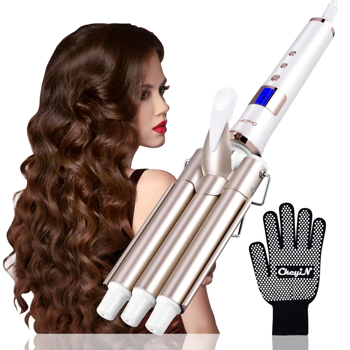 CkeyiN Rizador de Pelo 3 Barriles de 22 mm, Profesional Con Placas de Cerámica de Turmalina, Eléctrico Con Pantalla LCD, Temperatura Ajustable 80℃-230℃, Rosa