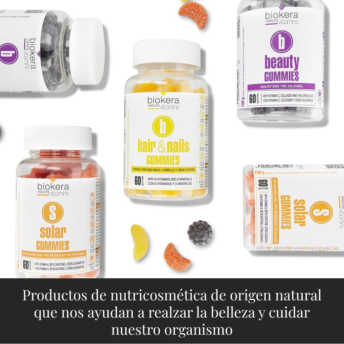 SALERM - Hair & Nails Gummies - Bote de 60 Gominolas - Biokera Natura Vitamins - Gominolas para el Pelo y Uñas - con 9 Vitaminas y 3 Minerales - Sin Lactosa - Sin Gluten - Sabor Plátano