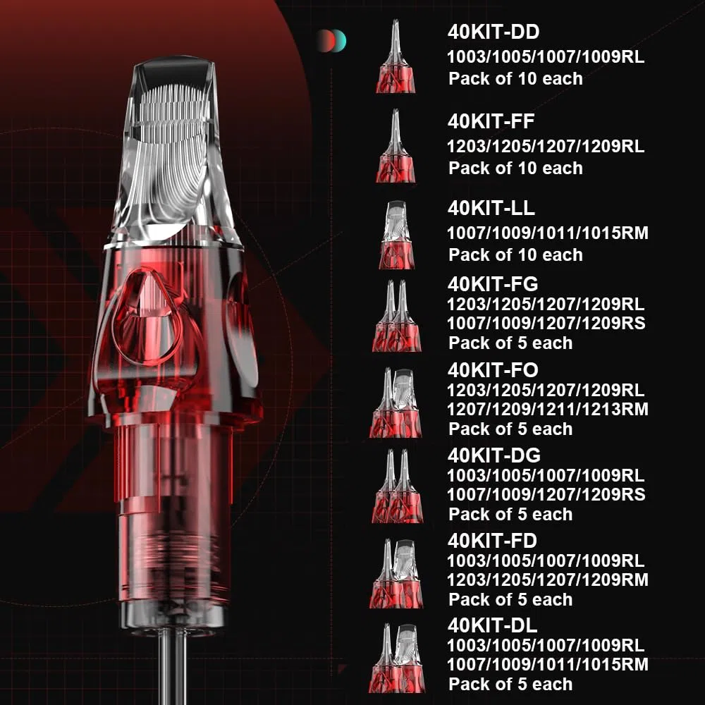CNC Cartuchos de Tatuaje Aguja para Tatuar #10 Modelo Mezclado RL (7RM 9RM 11RM 15RM) Tattoo Cartridge Needles Bugpin 0.3mm Estándar Desechable con Membrana Curved/Round Magnum EN04X-40KIT-LL