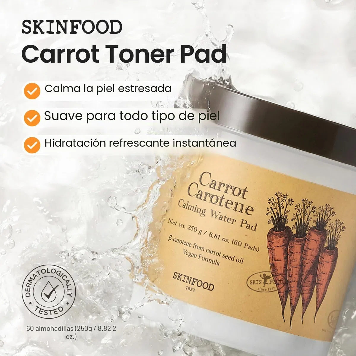SKIN FOOD since 1957 Almohadilla de agua calmante de zanahoria caroteno 250 g (8.81 oz.) 60 hojas - Alivio del enrojecimiento Almohadillas de algodón faciales calmantes para pieles sensibles