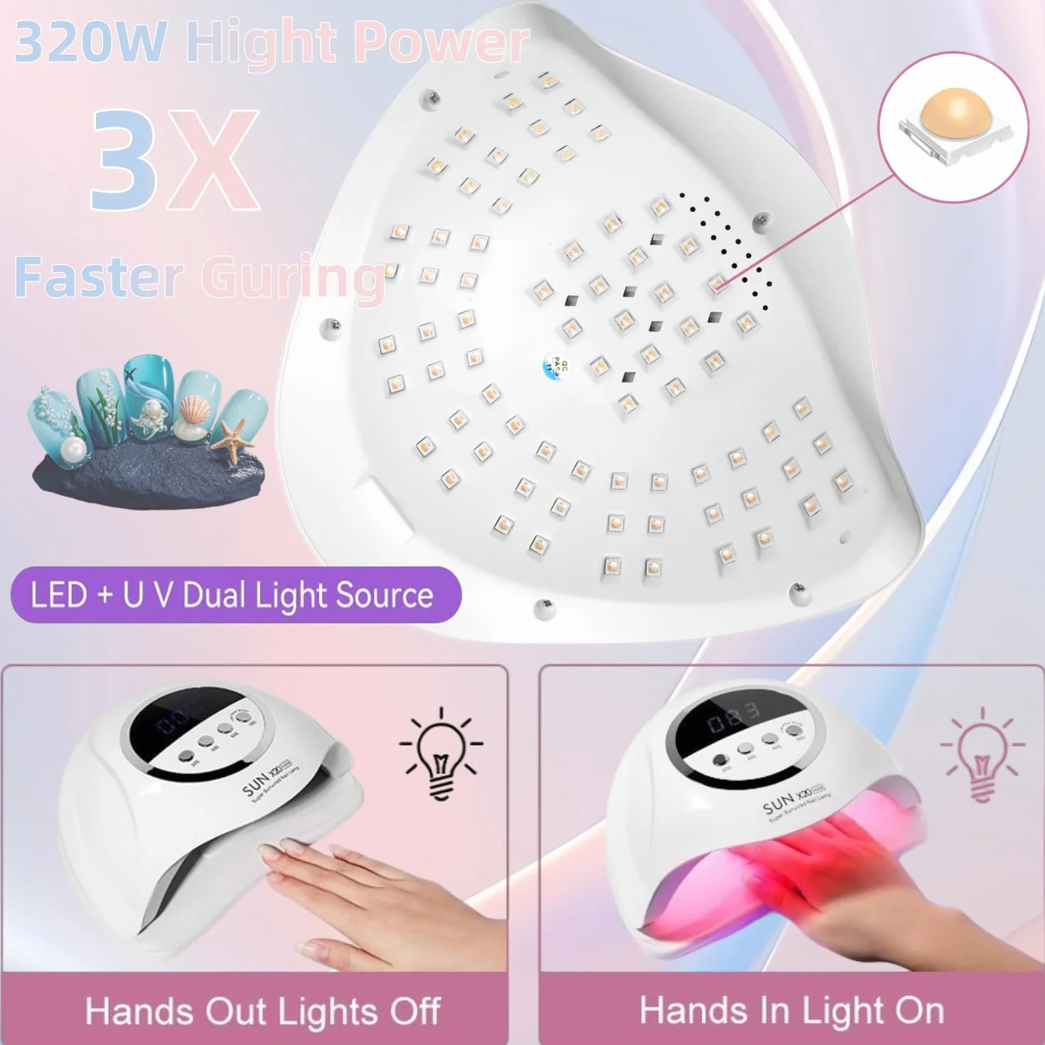 Secador Profesional de Uñas UV LED 320W con 72 LEDs, Sensor Automático y 4 Temporizadores, para Manicura y Pedicura