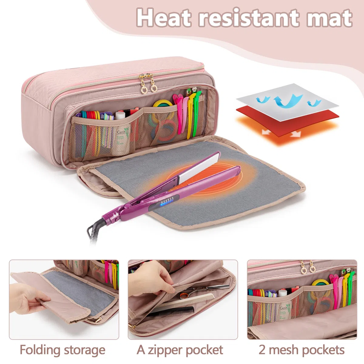 YARWO Bolsa Viaje para Herramientas para el Cabello con Estera Resistente al Calor, Bolsas Organizadoras para Herramientas de Peluquería Compatible con Planchas para el Pelo, Styler y Accesorios, Rosa