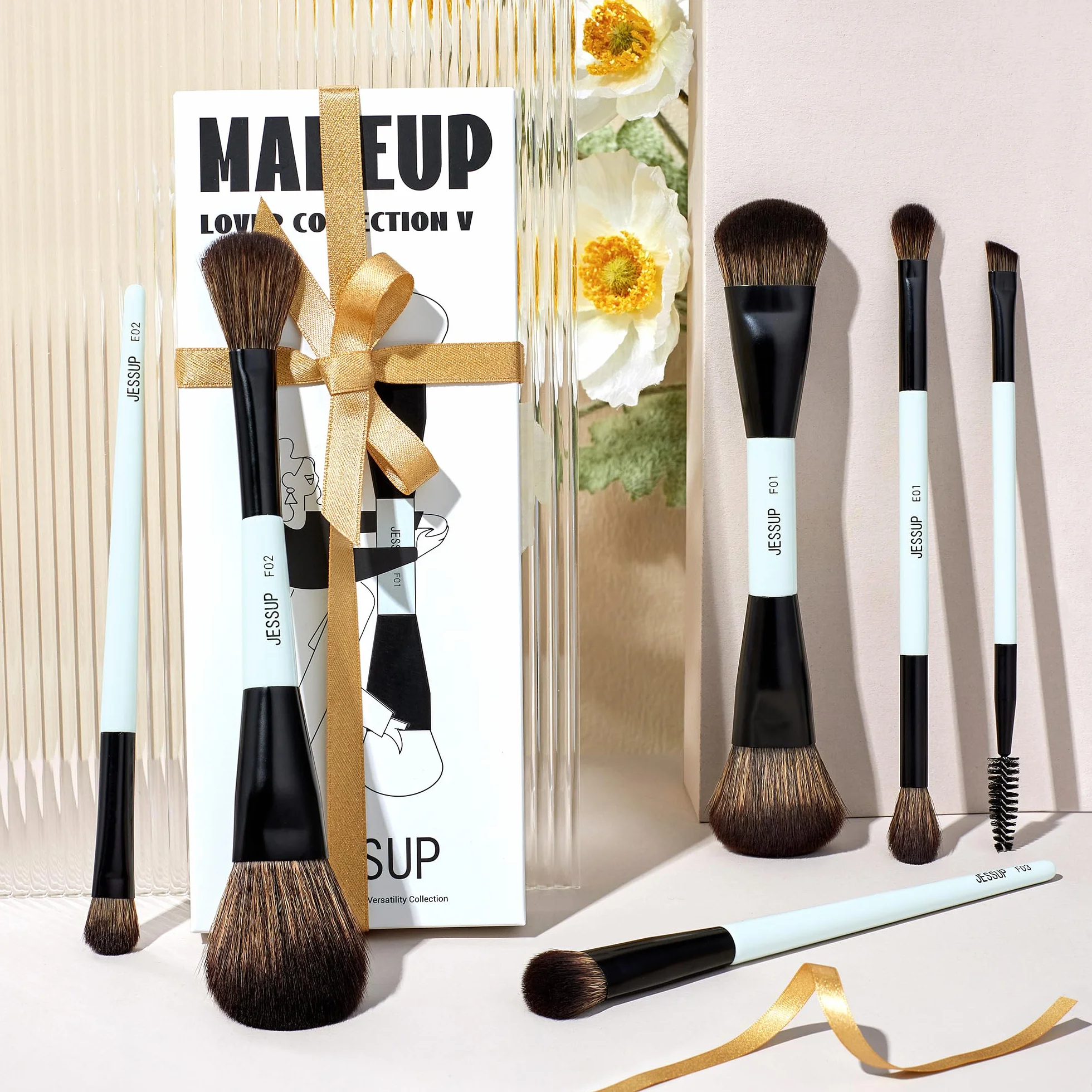 Jessup Set Brochas de Maquillaje 6pcs Brochas de Doble Punta para Rostro y Ojos Pincele Maquillaje Base,Sombra de Ojos,Contorno,Rubor,Iluminador, Difuminado,Cepillo de Cejas, Cian Brillante T501