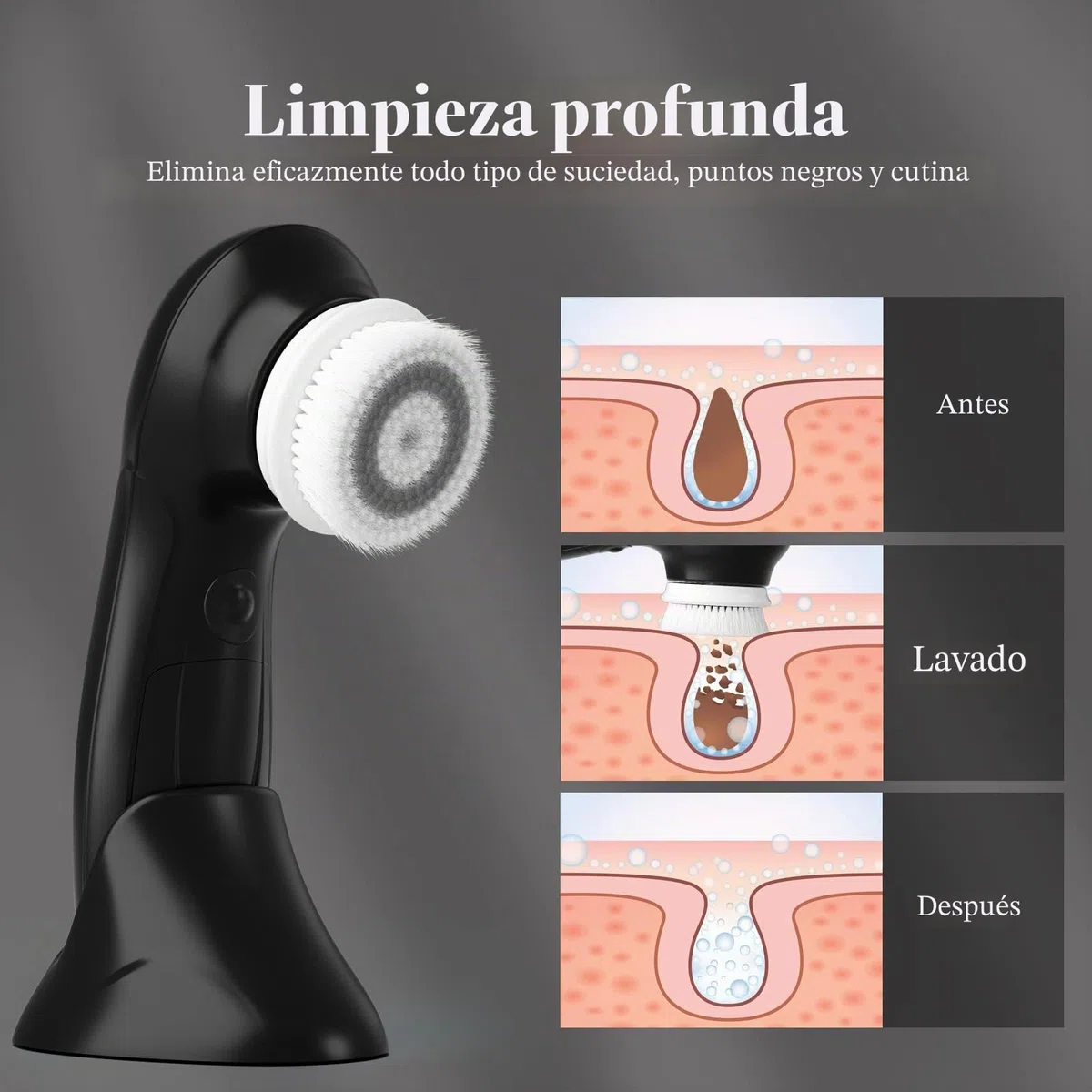 TOUCHBeauty Cepillo de Limpieza Facial para Hombre, Cepillo Limpiador Facial con Soporte, 3 Cabezales Exfoliantes, Doble Velocidad, Impermeable, Funciona con Batería, AG-0759M