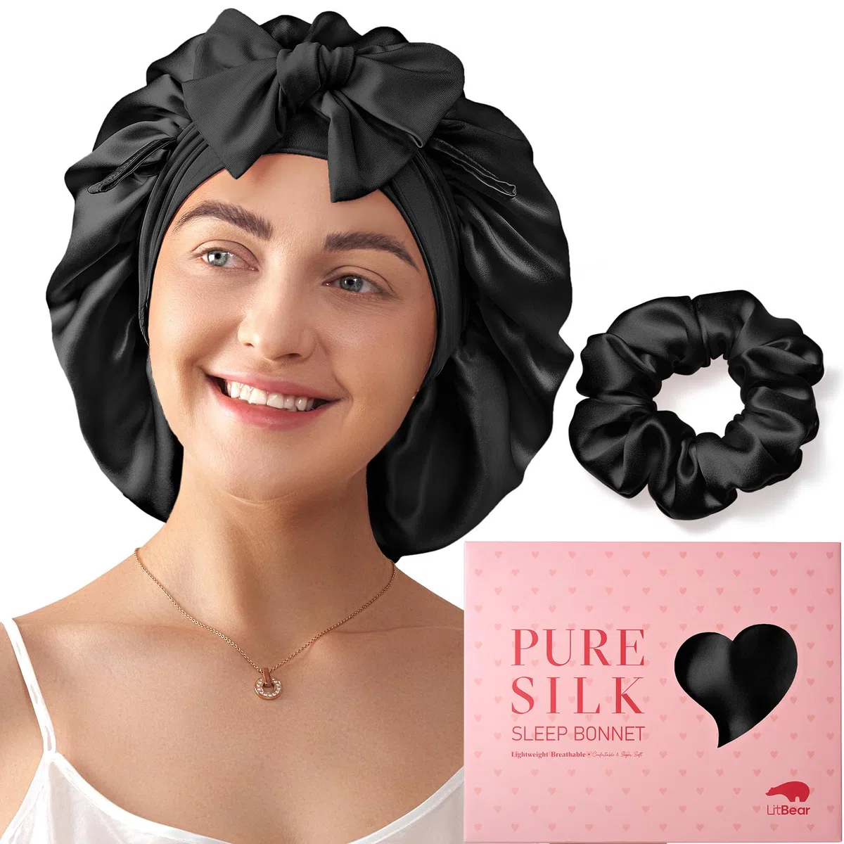 LitBear Gorro de Dormir 100% Seda de Morera para Mujer, 6A 22 Momme, Gran Envoltura de Doble Capa con Banda de Anudación, Turbante Antideslizante, Incluye Coletero