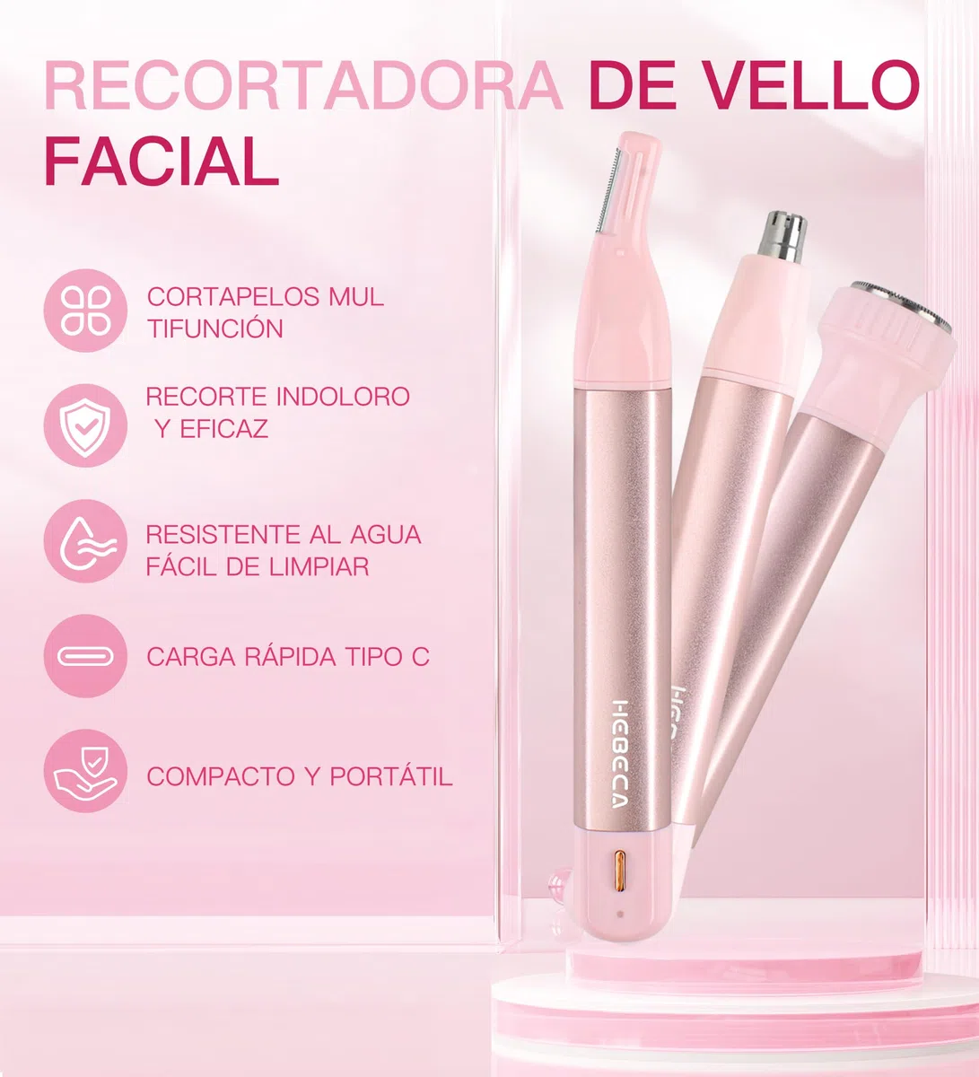 HEBECA Recortadora de vello nasal para mujer 3 en 1 - Recargable, impermeable, portátil con bolsa de viaje - Recorta nariz, oídos, cejas, vello fino, labios, barbilla, eliminador de vello facial (Rosa