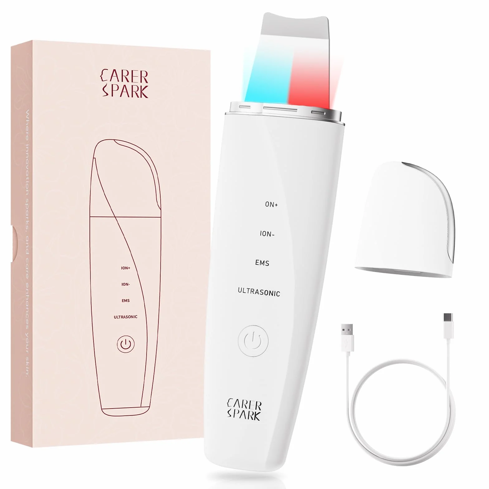 CARER SPARK Peeling Ultrasónico Facial – Espátula Facial Ultrasónica EMS e Iones y Terapia de Luz, 4 Modos para Limpieza Profunda Eliminación de Puntos Negros Exfoliación Suave Recargable USB