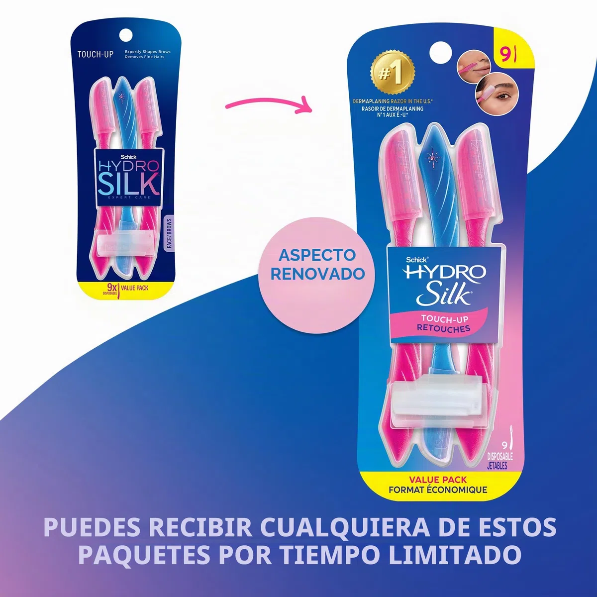 Schick Hydro Silk Herramienta exfoliante de retoque Dermaplaning, maquinilla de afeitar facial y cejas con cubierta de precisión, 9 unidades, maquinilla de afeitar Dermaplaning para mujer