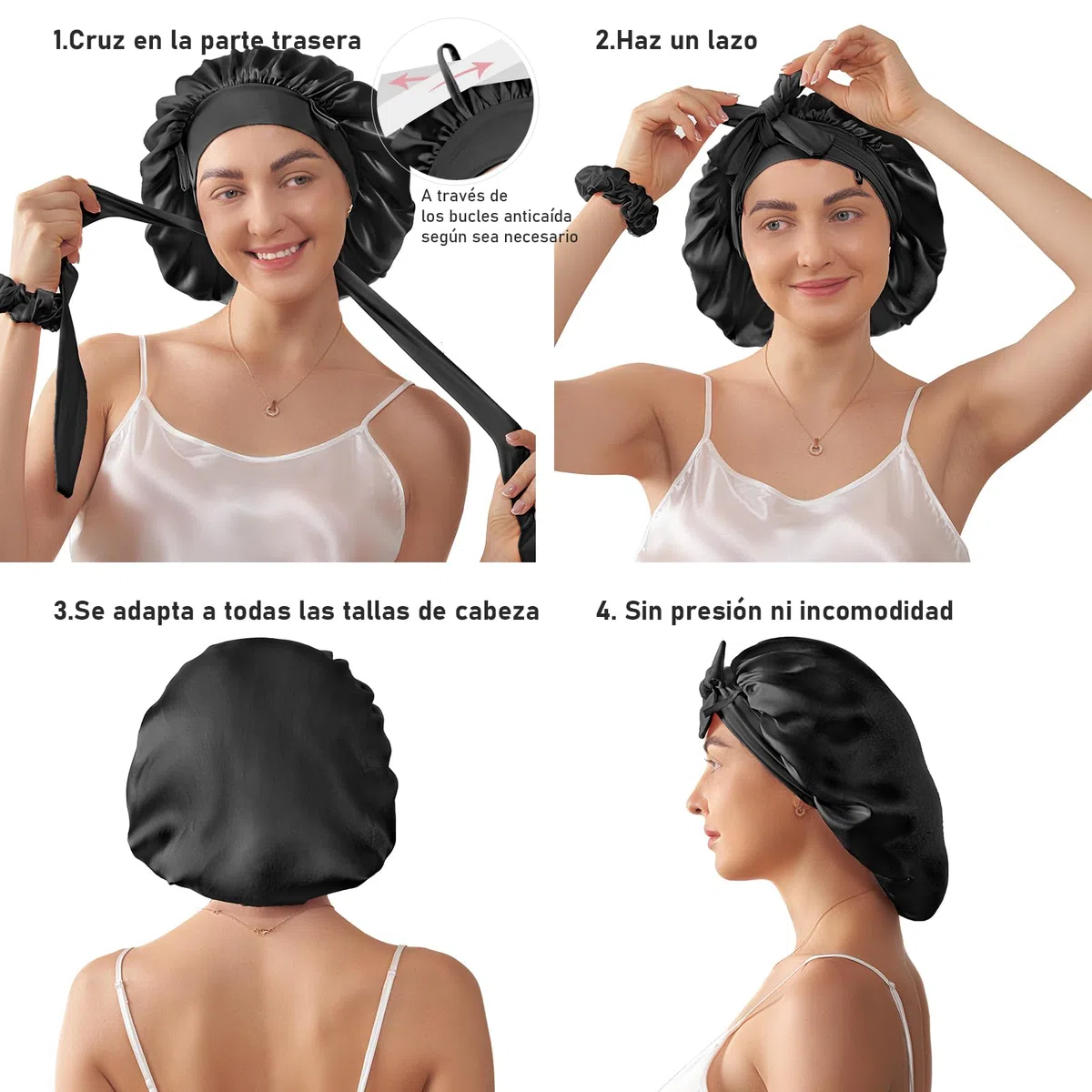 LitBear Gorro de Dormir 100% Seda de Morera para Mujer, 6A 22 Momme, Gran Envoltura de Doble Capa con Banda de Anudación, Turbante Antideslizante, Incluye Coletero